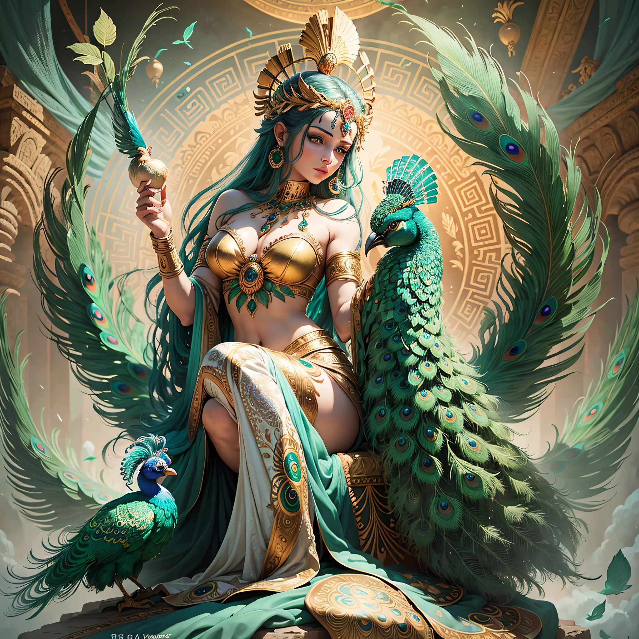 An image of Hera, the Greek goddess of marriage and queen of the gods, with a peacock bird with its lush plumage on its arm, representing its connection to nature and its ability to protect and nurture animals. --auto --s2