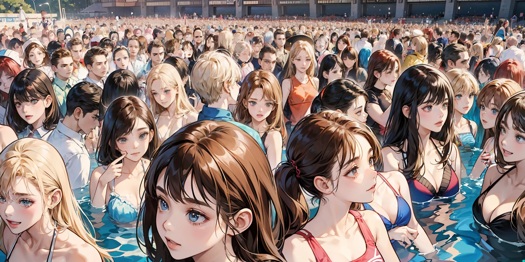 {{Teenage female, caucasian, hundreds of girls, thousands of girls, multiple girls, many girls, only girls, crowd shot, girls are friends}}, looking at viewer, hazel eyes, extremely detailed, brown hair, blonde hair, red hair, black hair, {{blue bikinis, matching bikinis, identical bikinis, same color bikinis}}, pool, pool party, crowd of girls, girls partying, happy, best quality, high quality, extremely detailed anime screencap, brainwashed girls