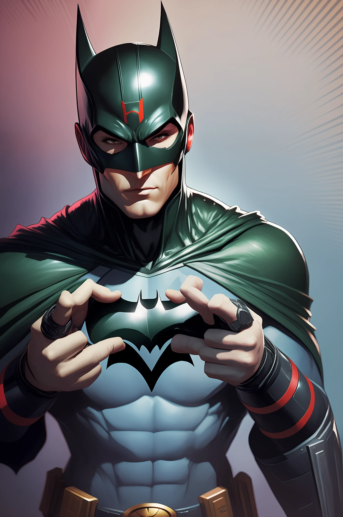 Batman in a green cape and red cape with a red and blue background, hands clenched like a punch or punch, Artgerm Greg Rutkowski _ Greg, Robin, by Randy Gallegos the Riddler, Chris Moore. Artgerm, Portrait of Superheroes, DC Comics Art Style, Adam West as Batman 2022, Portrait of Batman, Batman, Artgerm and Grek Rutkowski