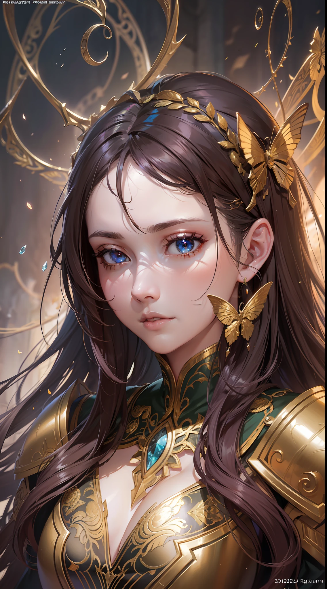 Portrait 8k woman, young, brown hair, intricate, elegant, highly detailed, majestic, digital photography, art by artgerm and ruan jia and greg rutkowski surreal painting of golden butterfly filigree, broken glass (masterpiece, side lighting, beautiful finely detailed eyes: 1.2 ), hdr,realistic cosplay of a beautiful RPG champion, pastel colors, intricate details, fantasy, universe, intricate magical embroidery,  Highly detailed hair, highly detailed eyes, tense face, [Elden Ring|d &amp; d] concept art, RPG portraits, octane rendering, cinematic lighting, (soft shadows: 1.2), closeups, depth of field, splash art, wlop and greg rutkowski art, full body, 