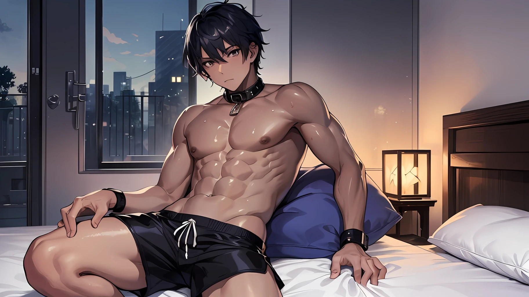 1boy, toned, wide and very vivid black eyes, HD, masterpiece, vibrant, full body view, trendy hair, collar, summer, naked, shiny shorts, lying in bed, midnight, cool man, sweaty, nymphomaniac, white skin, embarrassing face