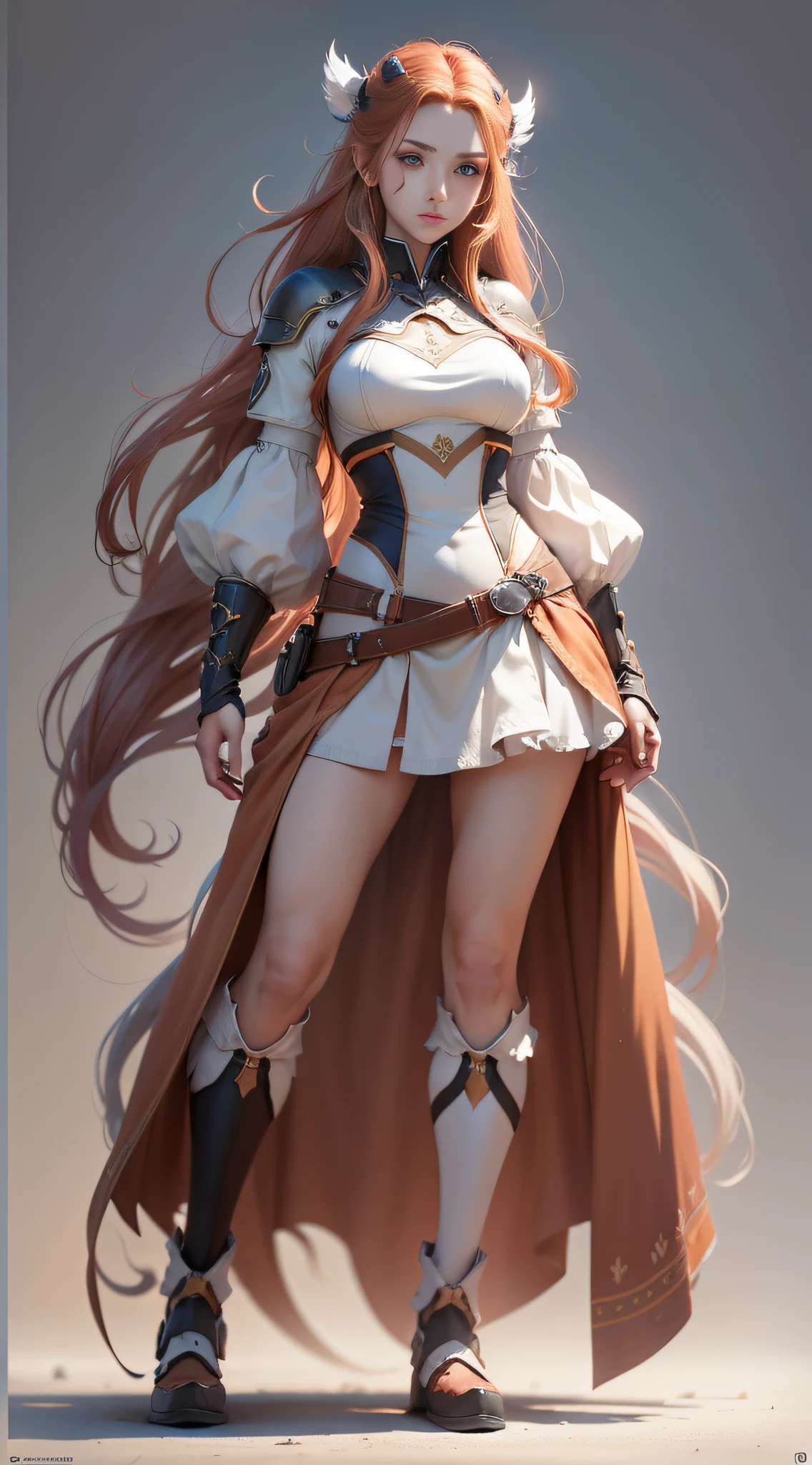 Concept art, full body, real person, white skin, wisps of overhead angle, wearing funny skirt, crimson caramel hair styling for long hair, high resolution, [(Willie Baumeister's art: 1.1), (John T. Biggs' art: 1.2): :17], official art, Unity 8k wallpaper, super detailed, aesthetics, masterpiece, best quality