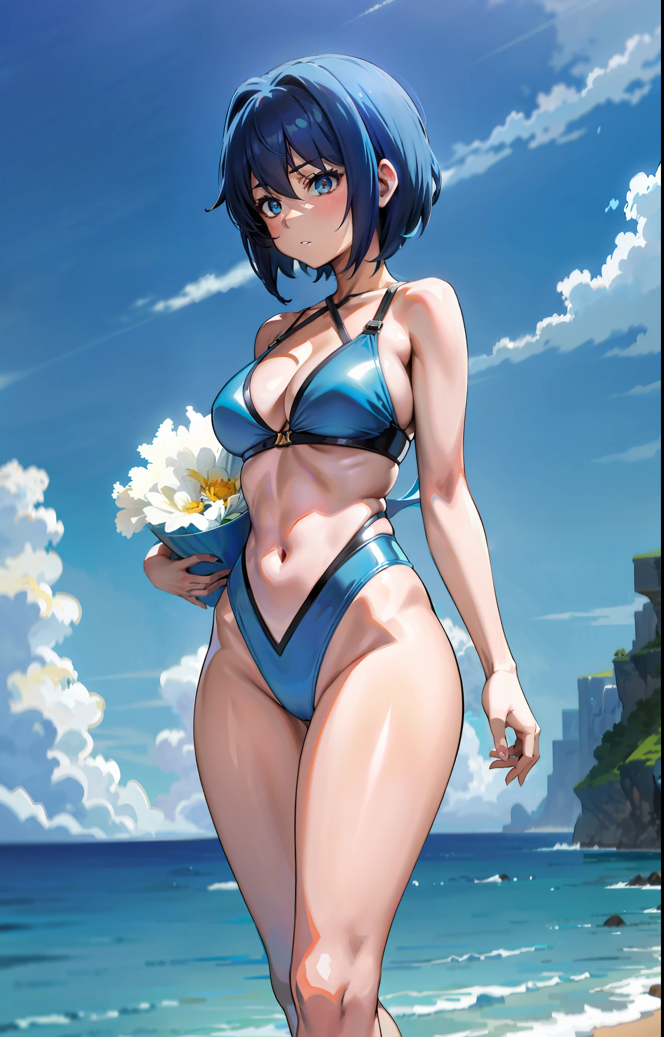 1080p, detailed, designed, curly sideburns, blue hair, fluffy hair, short hair, ((anime)), sexy, curly short hair
, elegant, blue, denim blue, white and blue, swimsuit, (adult female), (anime), (two-dimensional style)), anime shoujo, lively, three views, set set, absolute field, exposed thighs, seduction, hood