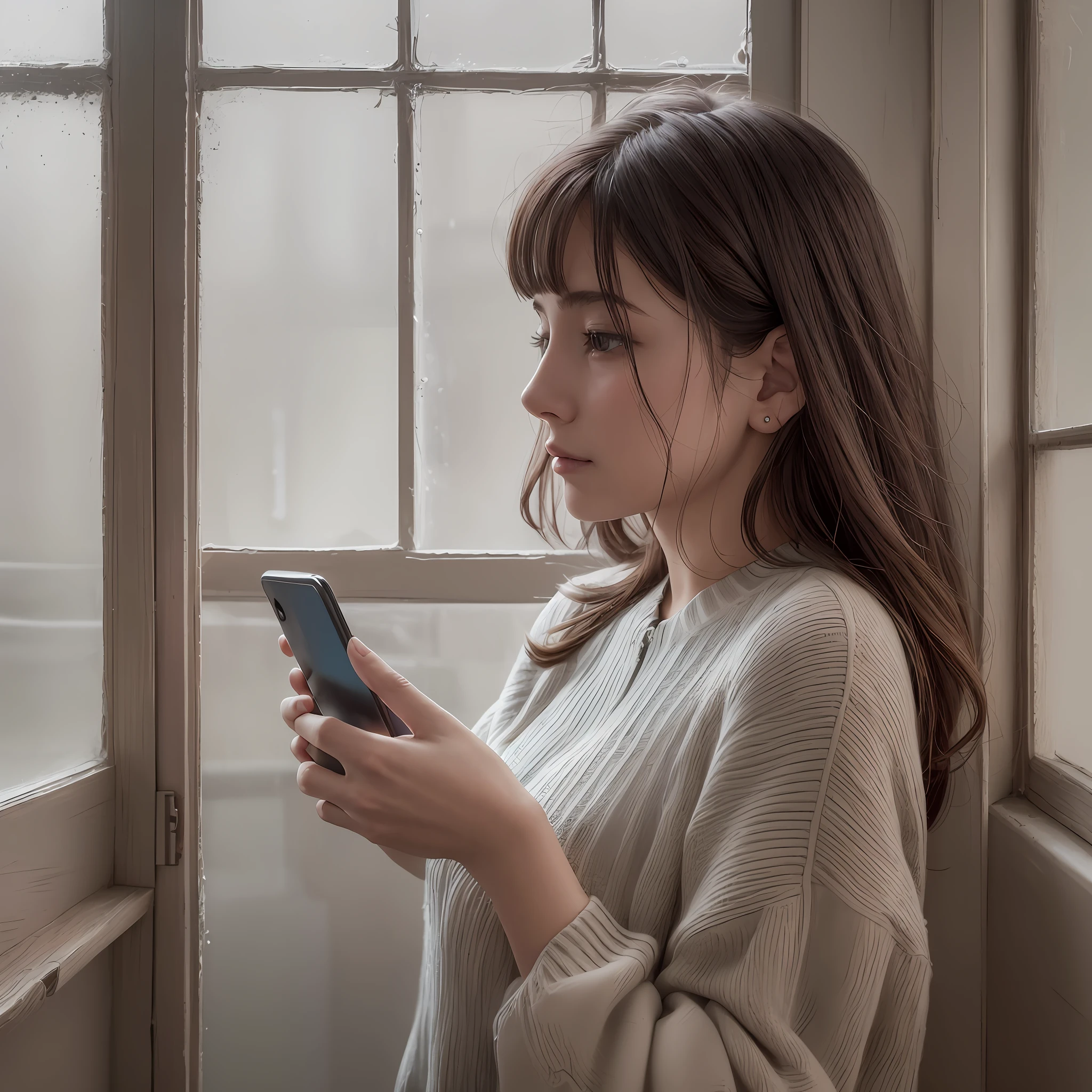 a woman holding a cell phone in her hand in front of a window, invisible, intrusive thoughts, inquisitive, invisiblity, inspired by Evaline Ness, inspired by André Beauneveu, inspired by Dan Luvisi, by Evaline Ness, immersive, emissive, inspired by Nuno Gonçalves --auto --s2