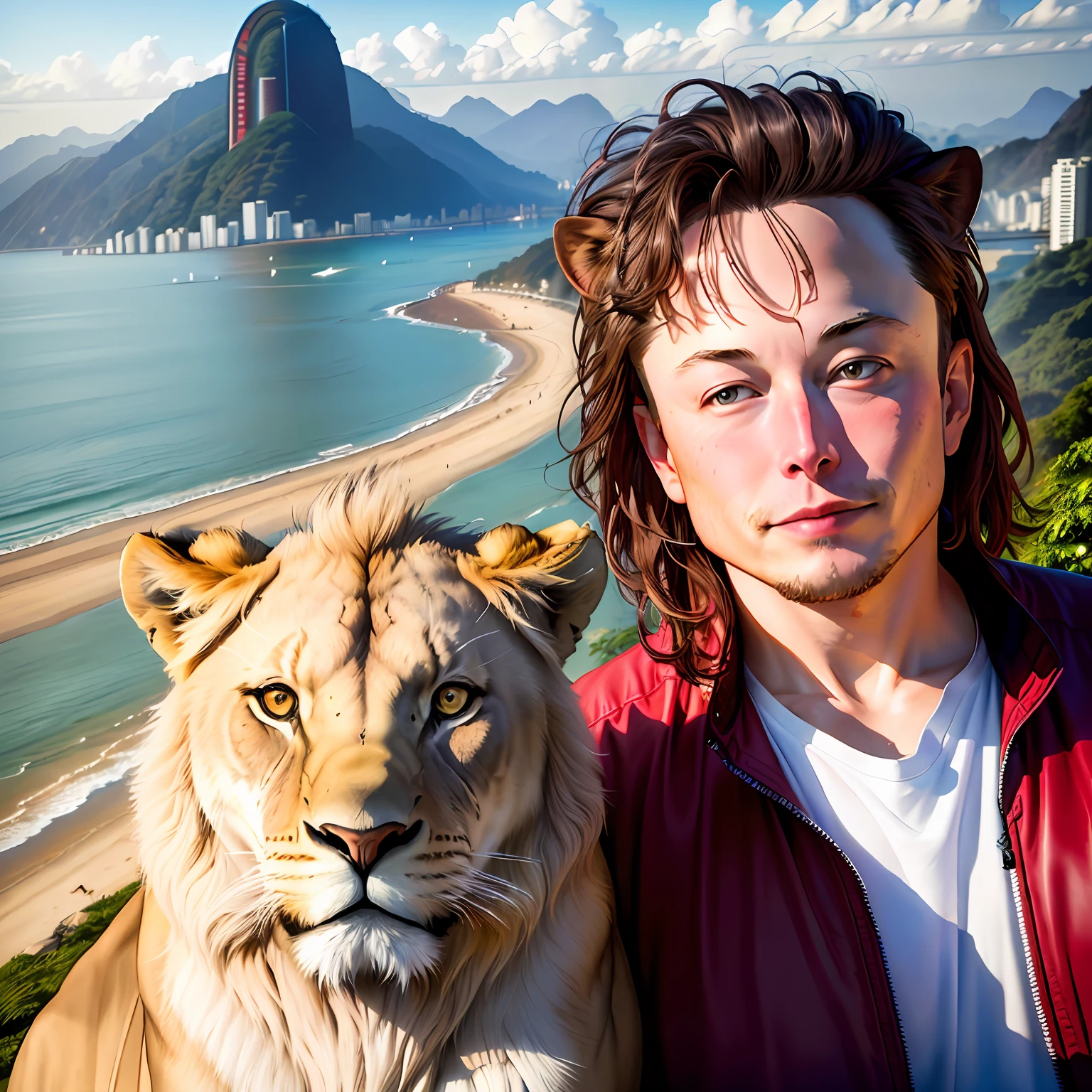 Elon Musk taking a selfie with a lion in Rio de Janeiro