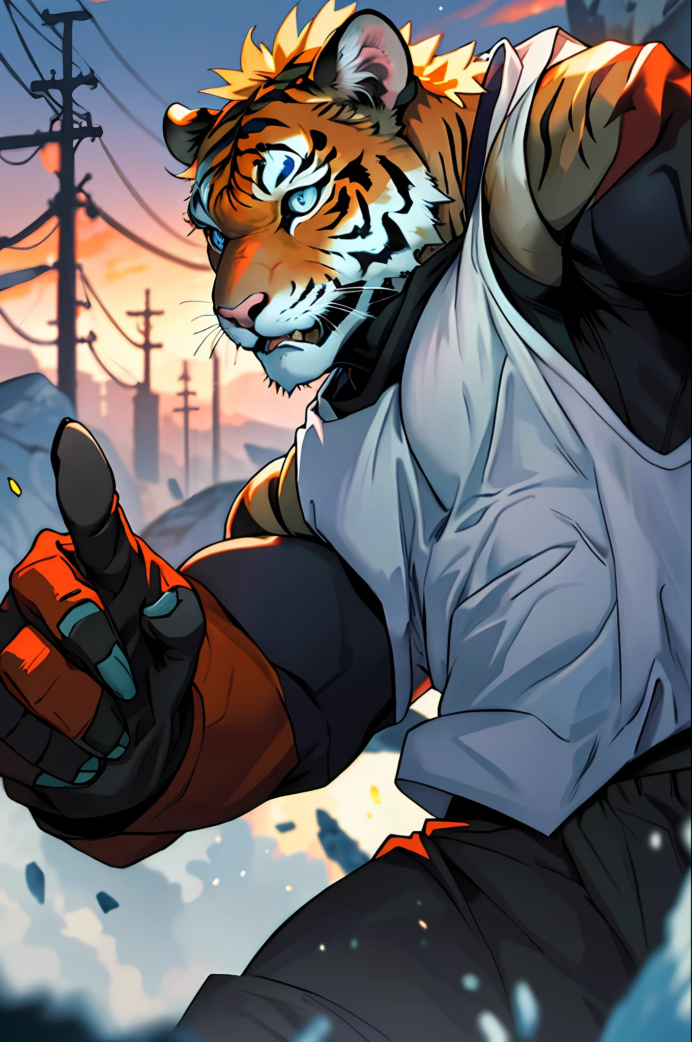 Hungry Tiger, Blue Eyes, 3x3 Eyes, Mecha Bullet Stone, Masterpiece, Best Quality, Dusk, Battlefield, Muscle Male, Depth of Field, Messy,