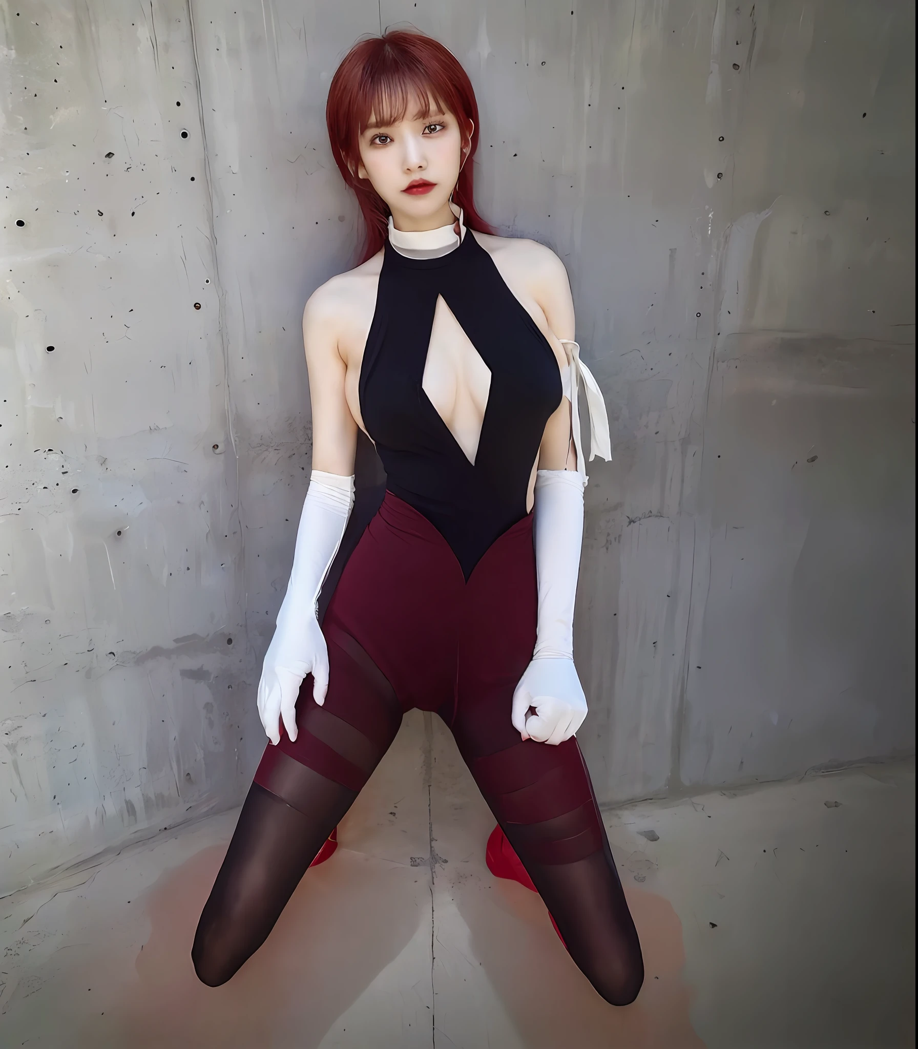 Red hair, black tights, sitting on white cotton sheets, watching the viewer, concrete wall, mortified expression of defeat, torn clothes