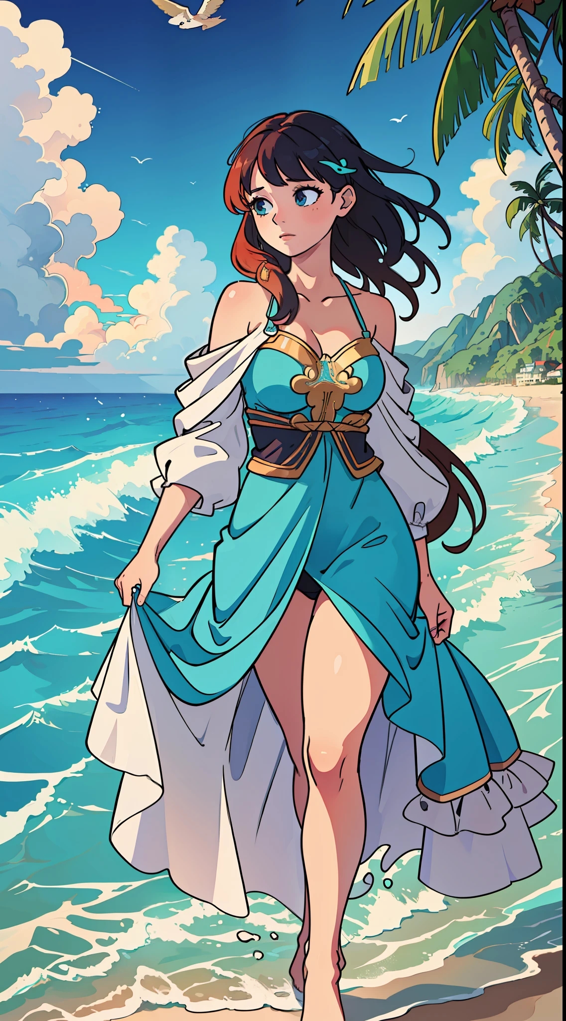 (extremely detailed CG unity 8k wallpaper,masterpiece), realistic hand details, vestido longo, splash art style, high wind, dreamy romance, standing on a beach,vibrant ocean waves[contains: "sense of", "S2"], breathtaking view, fantasy-like