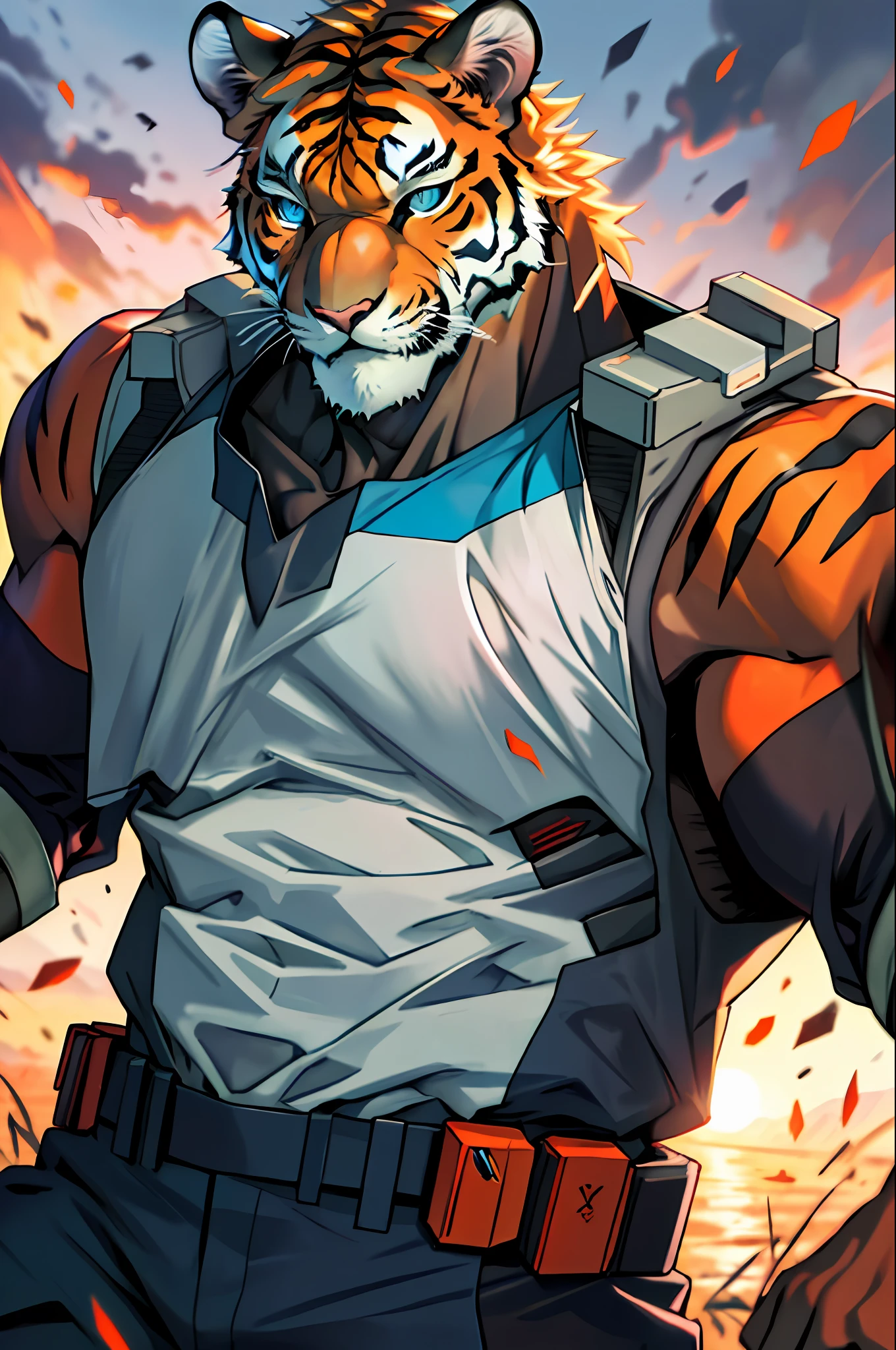 Hungry Tiger, Blue Eyes, 3x3 Eyes, Mecha Bullet Stone, Masterpiece, Best Quality, Dusk, Battlefield, Muscle Male, Depth of Field, Messy,