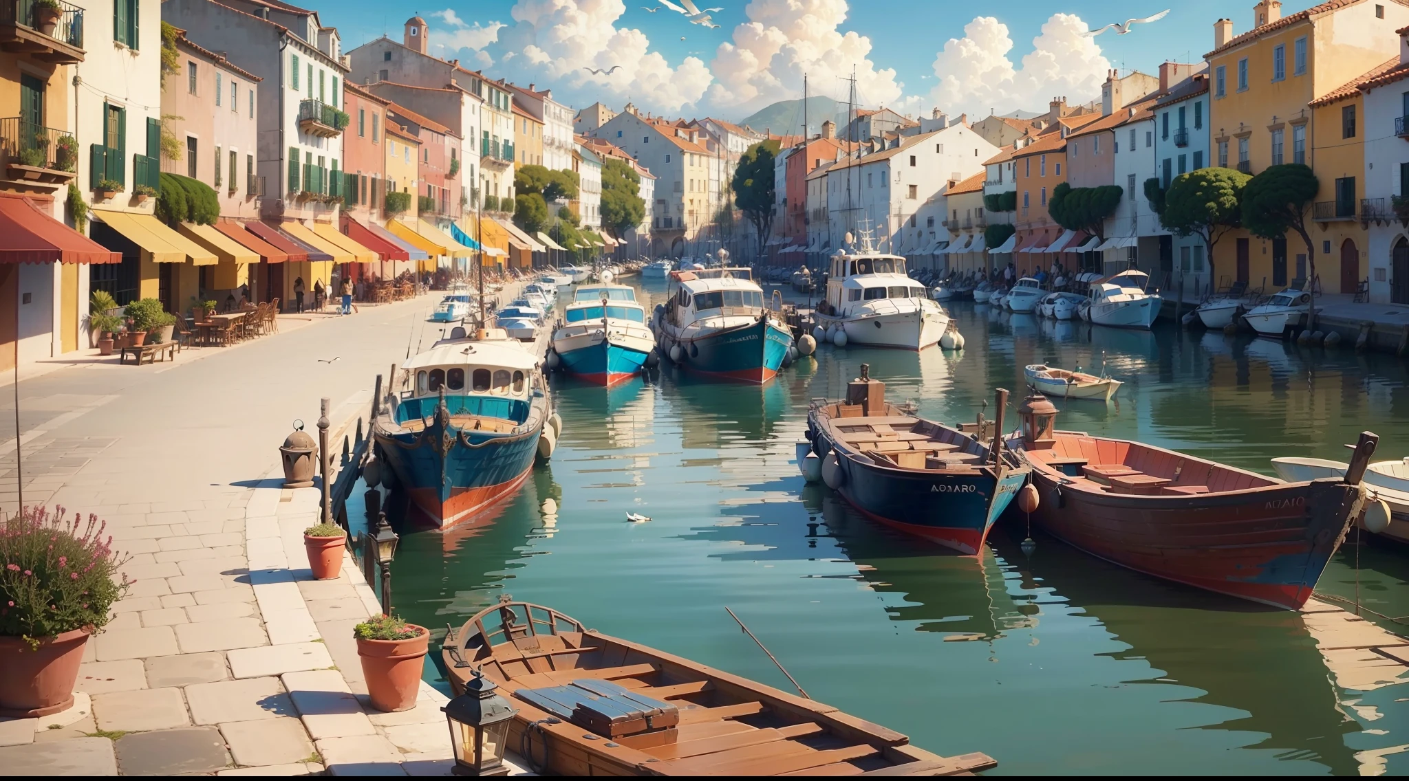 There's a harbor with moored boats. Colorful old Spanish-style houses. People stroll around the harbor. Beautiful day, seagulls flying in the sky,((Top Quality, Masterpiece: 1.4, Artstation, Cinematic), Ghibli, haya miyazaki