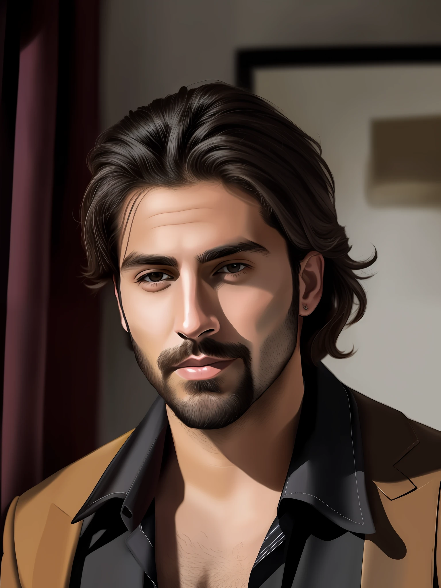 arafed man with long hair and beard wearing a chic black suit, handsome man, handsome young man, young man with medium length, attractive handsome face, attractive man, handsome male face, young man with handsome face, very attractive man with beard, perfect handsome face, medium long hair, shoulder-length brown hair, male jaw, portrait of handsome young man