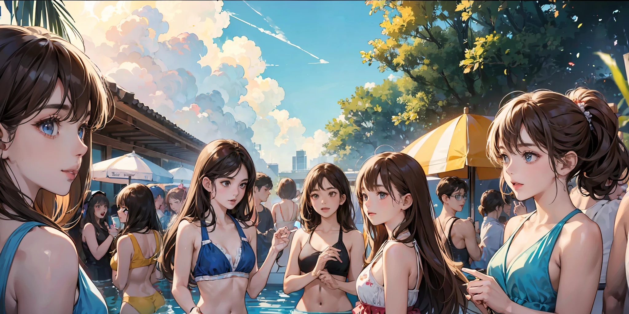 {{Teenage female, caucasian, hundreds of girls, thousands of girls, multiple girls, many girls, only girls, crowd shot, sisters, identical sisters, clones}}, looking at viewer, hazel eyes, extremely detailed, brown hair, {{blue bikinis, matching bikinis, identical bikinis, same color bikinis}}, pool, pool party, crowd of girls, girls partying, happy, best quality, high quality, extremely detailed anime screencap, brainwashed girls