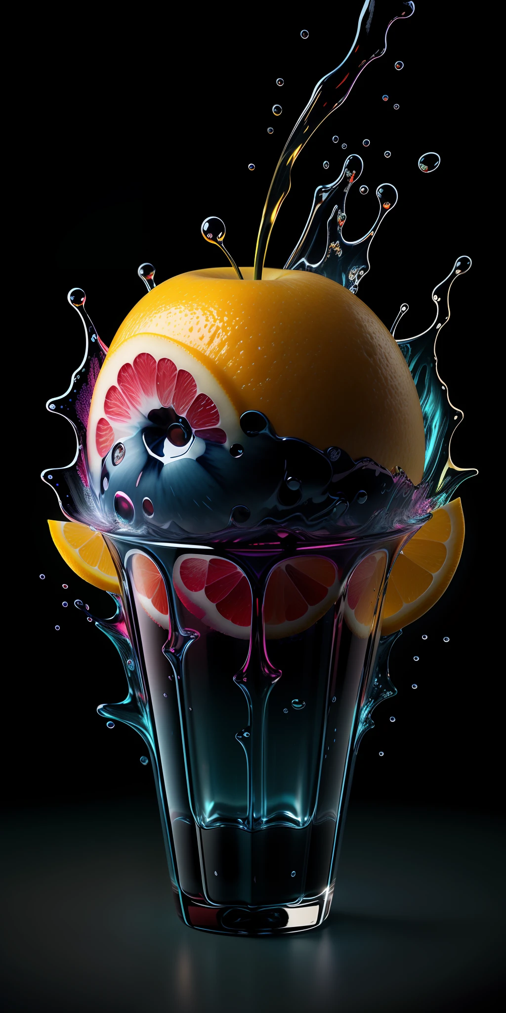 t fresh fruit dark blue lighting background Fruit Juice Splash ultra hd detail vivid color 8k resolution volumetric lighting cinema4d ultra hd CGsociety transparent resin ultra wide angle cinematic lighting super detail atmosphere insanely detailed Beautifully lit, insanely detailed and complex, hyperbolic, moody, rule of thirds, textures, Unreal Engine