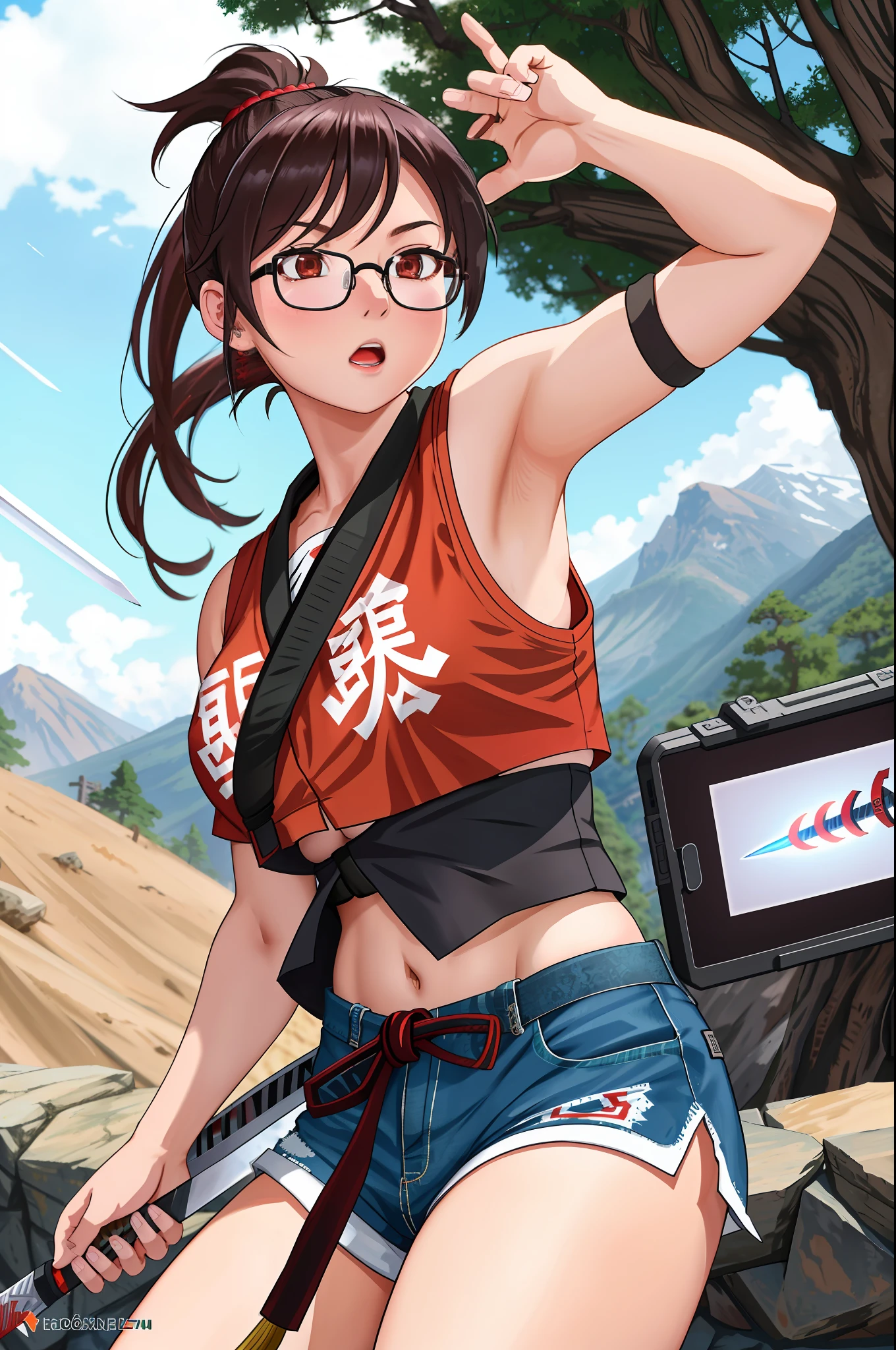 photo of a Maki Zenin (kaizen jujutsu character), underboob, 8k uhd, glasses, black ponytail hair short white shorts, holding a sword, big boob, dslr, high quality, film grain, by Ilya kushinikov, by joe madureira, by artgerm, by moebius