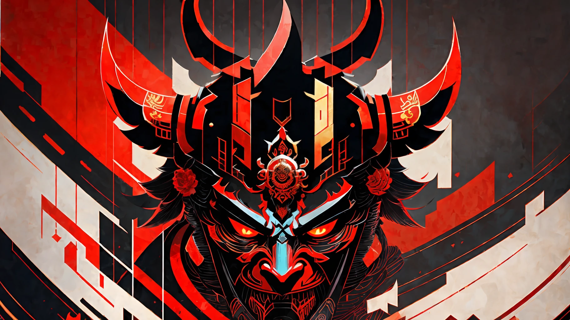 4K wallpaper, solid black background with a red Oni Samurai mask with golden details in the middle of the image, with red and gold details, oriental on the edges, minimalist --auto --s2