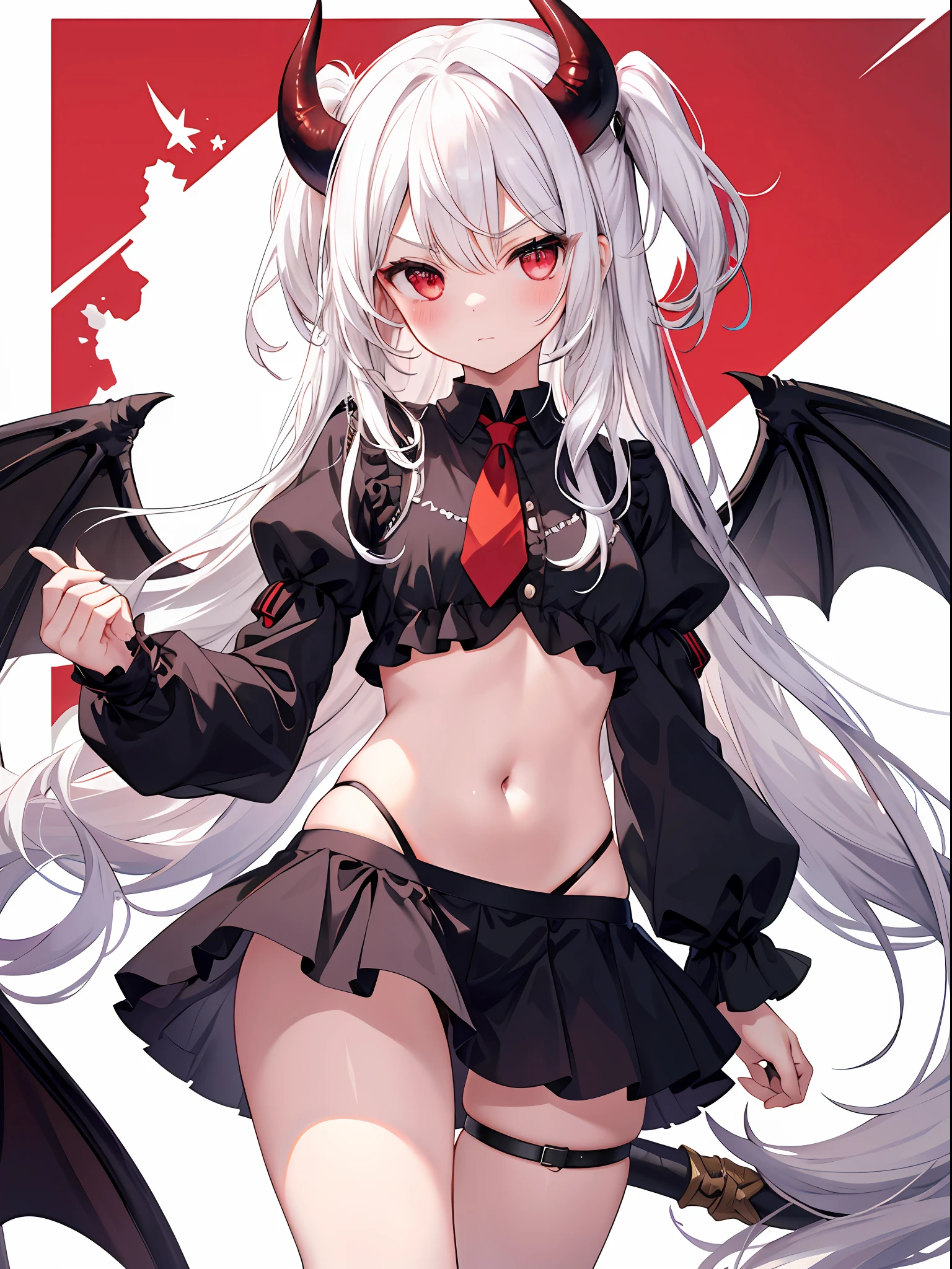 1girl, horn, red eyes, wings, long hair, white hair, navel, undergarment, panties, cosplay, solo, bangs, blush ,, looking at viewer, white background, simple background, black panties, ruffled panties, ruffles, devil's horns, long sleeves, dull bangs, tail, , stomach, devil's wings, both sides up,, V-shaped eyebrows, ruffled shirt, frowned, mouth closed, very long hair, midriff, devil's tail, thighs, cowboy shots, puffy sleeves, demon girls,