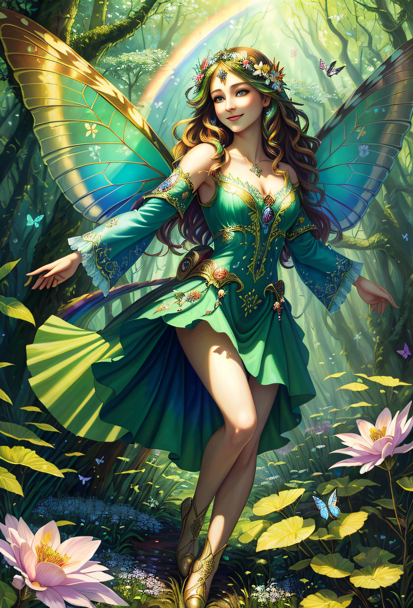 ((best quality)), ((masterpiece)), ((ultra realistic)), ((fantasy style)),  beautiful intricately detailed soft oil painting beautiful dancing fairy, rainbow colored wings, smiling detailed face, in a forest glade, beautiful eyes, spring time, flowers, fluffy clouds, butterflies, animals everywhere,