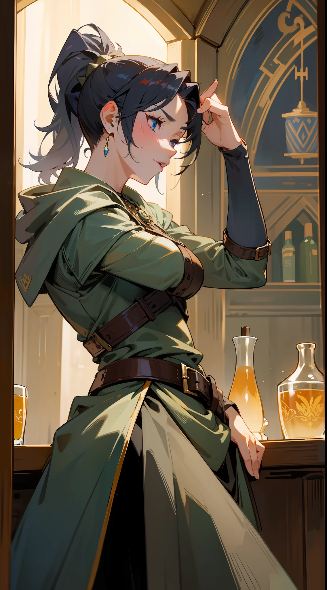 masterpiece, best quality, mature woman, warrior, hood, ponytail, in a medieval tavern, night, fantasy, medieval, dynamic pose, beautiful detailed brilliance.