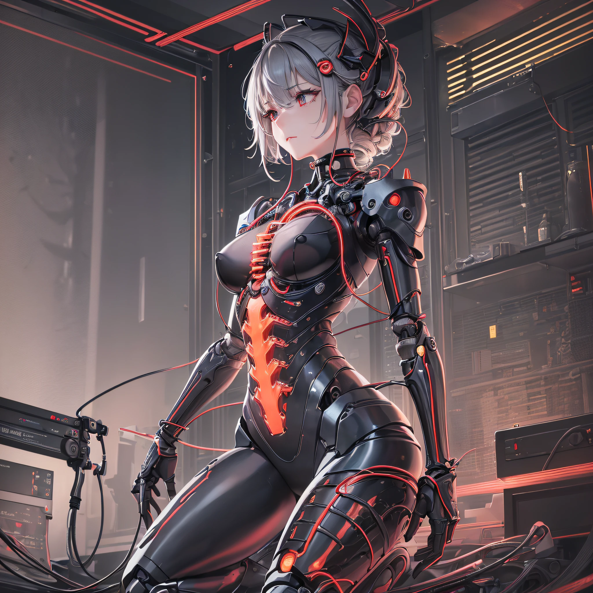 (((masterpiece))), (((best quality))), ((ultra-detailed)), (highly detailed CG illustration), ((an extremely delicate and beautiful)),cinematic light,((1Police officer girl)),solo, full body, dark mechanical body, (machine made joints:1.2),((machanical limbs)),(blood vessels connected to tubes),(mechanical vertebra attaching to back),((mechanical cervial attaching to neck)),expressionless,(wires and cables attaching to neck:1.2),(wires and cables on head:1.2), Deep red eyes, Darkfantasy,science fiction,extreme detailed,colorful,highest detailed, loongs,fengs,dark background --auto --s2