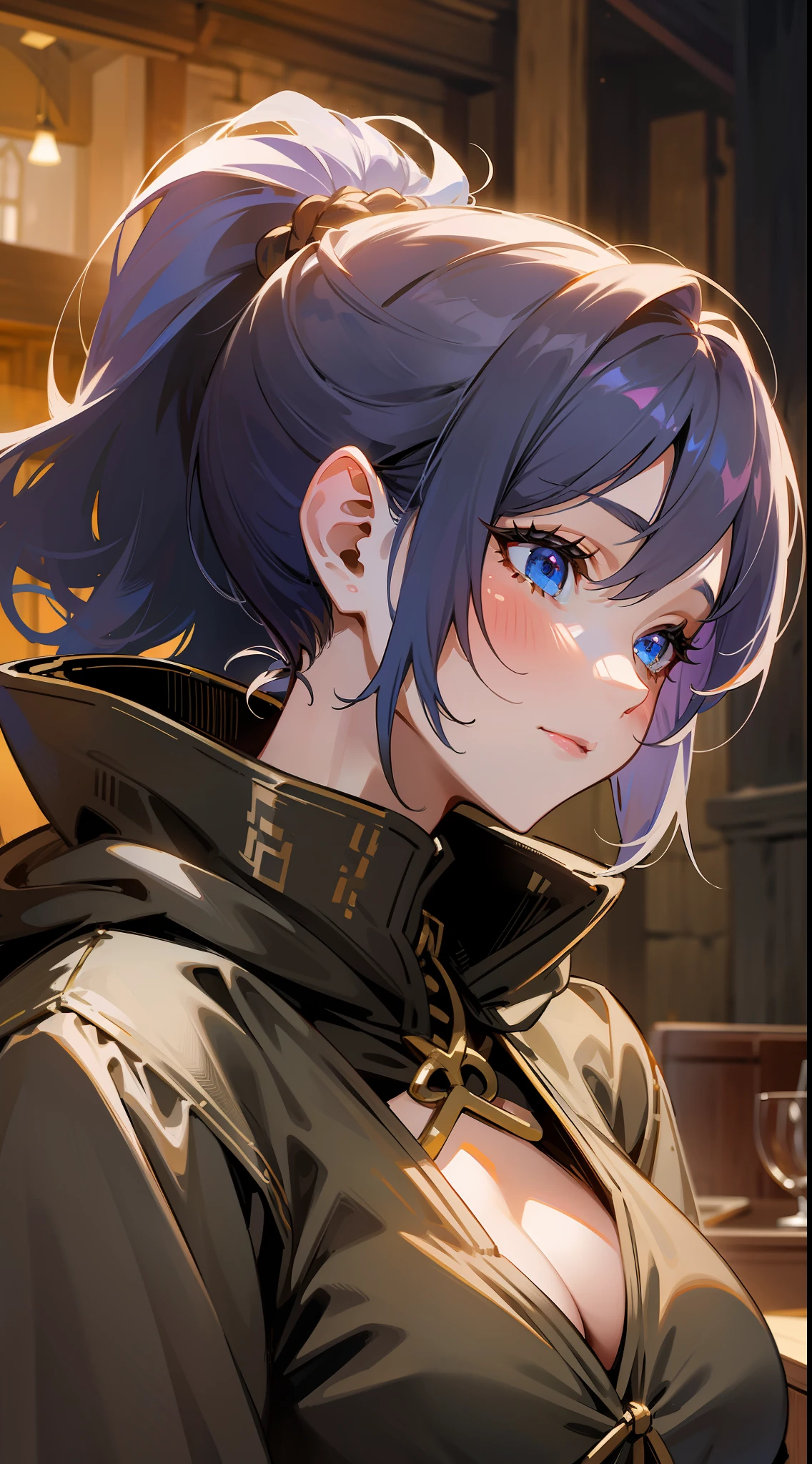 masterpiece, best quality, mature woman, strong, warrior, hood, ponytail, in a medieval tavern, night, fantasy, medieval, dynamic pose, beautiful detailed glow.