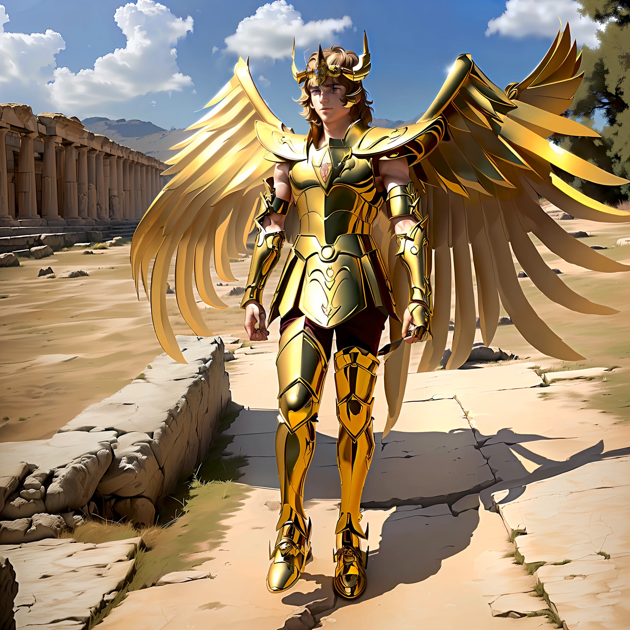 masterpiece, best quality, masterpiece, detailed face, detailed eyes, full body, 1boy, SagittariusArmor, male armor, long golden wings, walking on the ancient Greek battlefields, (8k, RAW photo, best quality, masterpiece: 1.2 ), solo focus, wings, sky,