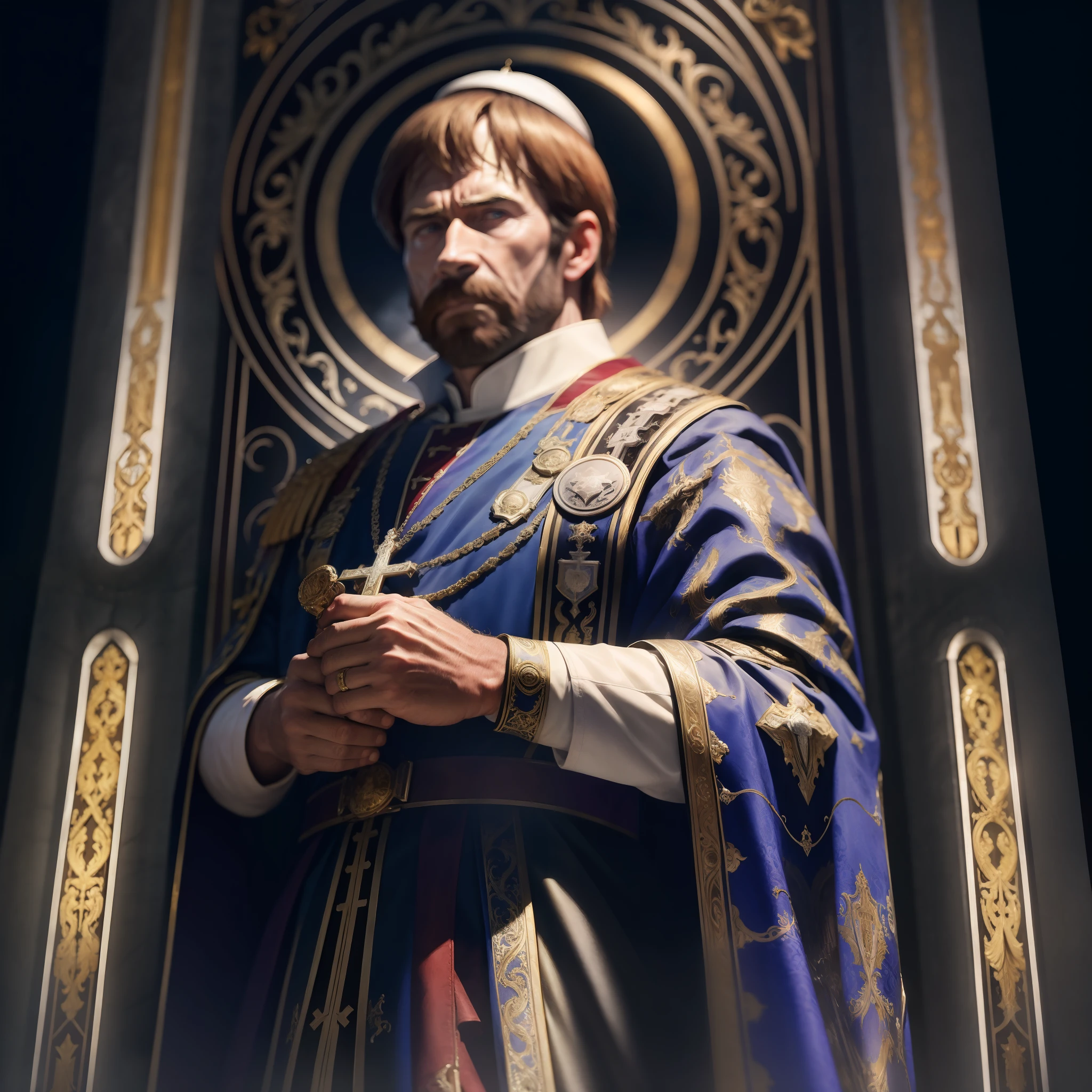"(masterpiece), high quality, realistic portrait of Chuck Norris dressed as a Pope from Rome, with authoritative pose, confidently holding a religious artifact, stunning details, sharp lighting, vibrant colors, traditional Catholic background, iconic architecture, soft shadows, holy ambiance."