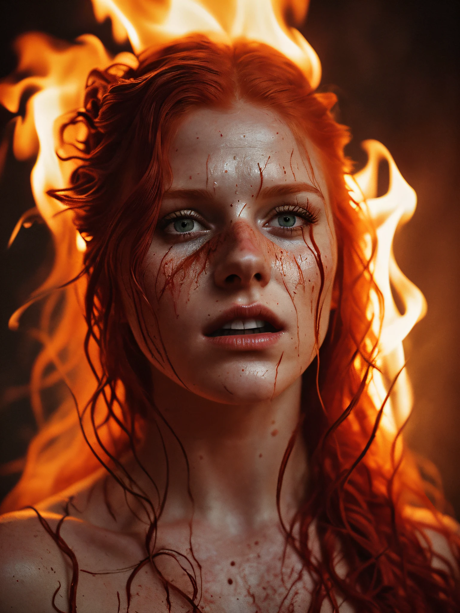 (Nightmarish horror), Polaroid, Raw, [bokeh], shallow DOF, sharp eye focus, blonde, muscular, alone, ((20yo redhead woman )), (((ultra realistic detailed eyes))), intricate eye details, exhausted, sweaty, wearing torn red linen robes, heavy sagging breasts, ((arms raised behind head)), exotic modelshoot pose, skin texture, incredible skin details, skin imperfections, intricate details, (kneeling in horrific twisted hell fire flames burning landscape), long messy hair, fog, volumetric lighting, ((streaking light across face)), hair light, bloom, golden hour, dark shadows, visually interesting , low key,epiNoiseoffset_v2.safetensors