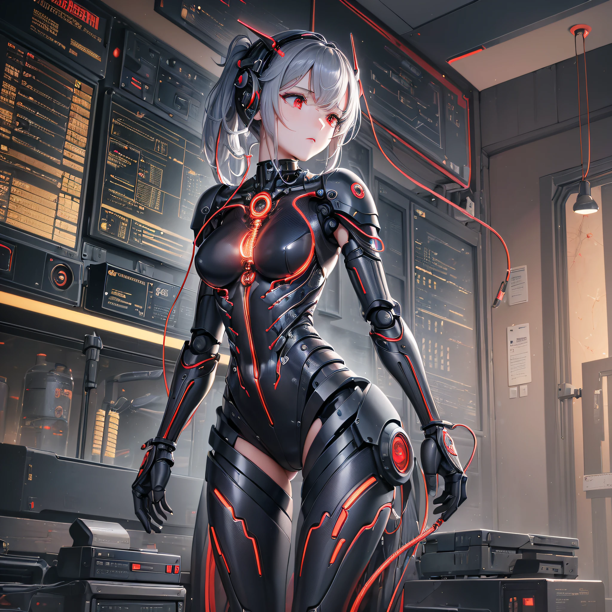(((masterpiece))), (((best quality))), ((ultra-detailed)), (highly detailed CG illustration), ((an extremely delicate and beautiful)),cinematic light,((1Police officer girl)),solo, full body, dark mechanical body, (machine made joints:1.2),((machanical limbs)),(blood vessels connected to tubes),(mechanical vertebra attaching to back),((mechanical cervial attaching to neck)),expressionless,(wires and cables attaching to neck:1.2),(wires and cables on head:1.2), Deep red eyes, Darkfantasy,science fiction,extreme detailed,colorful,highest detailed, loongs,fengs,dark background With smoke --auto --s2