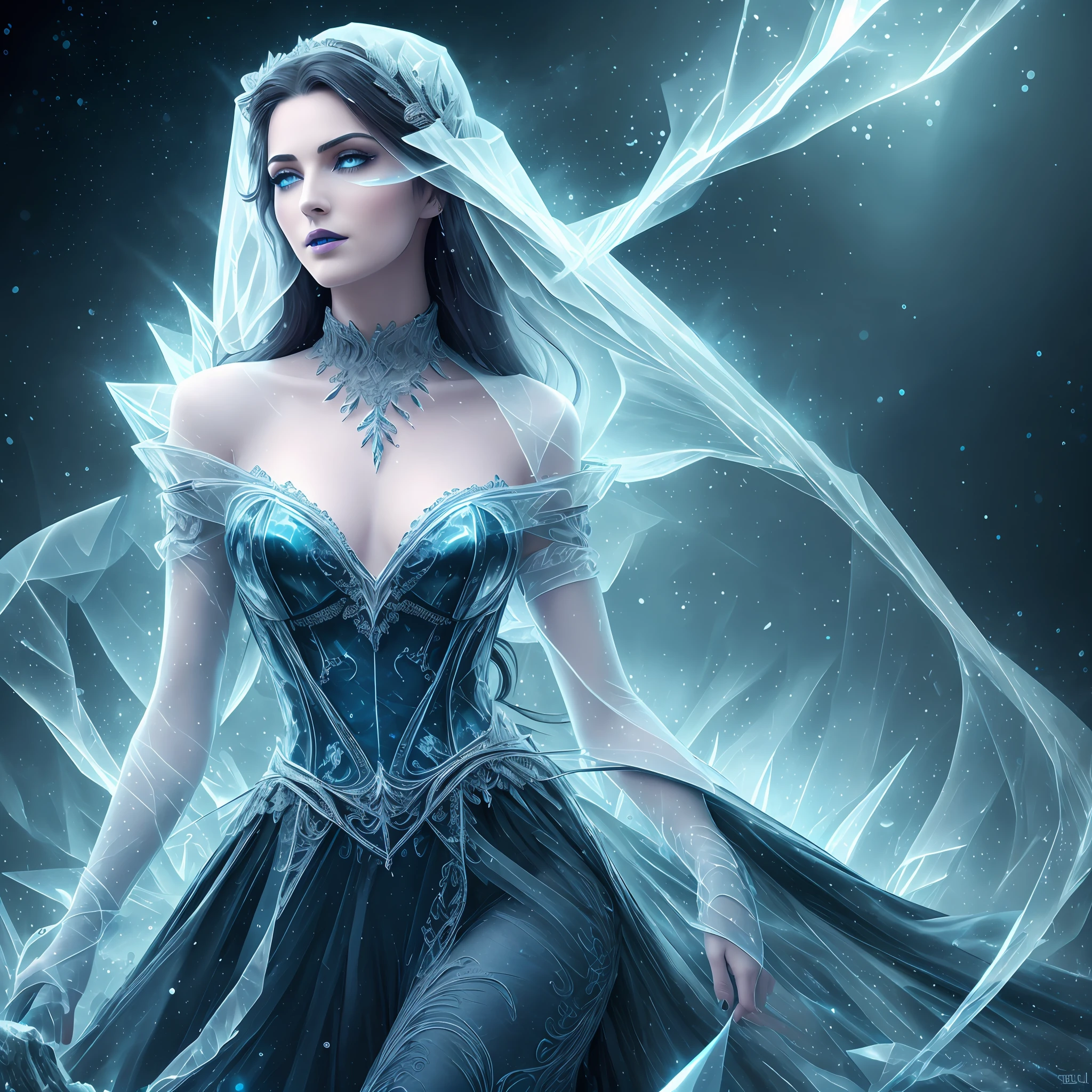 illustration, woman, blue lipstick on lips, cinematic lighti, highest quality, ultra detailed realism, detailed face, detailed eyes, best quality, hyper detailed, Works Prima, Masterpiece, Top Quality, Best, Official Art, Beautiful and Aesthetic, Long Exposure: 1 leggy and thin woman, broad and delicate shoulders, medium breasts, Charming Patterns, Icy witch woman, White , eyes covered by a veil made of ice,  Her body is covered with pieces of ice detailed in a beautiful black dress, witch, winter, ice throne, witchcraft, Tone of Magic in Blue, strong glow in neon blue, queen, majesty, in the background a blizzard covering the environment. Front portrait, full body.