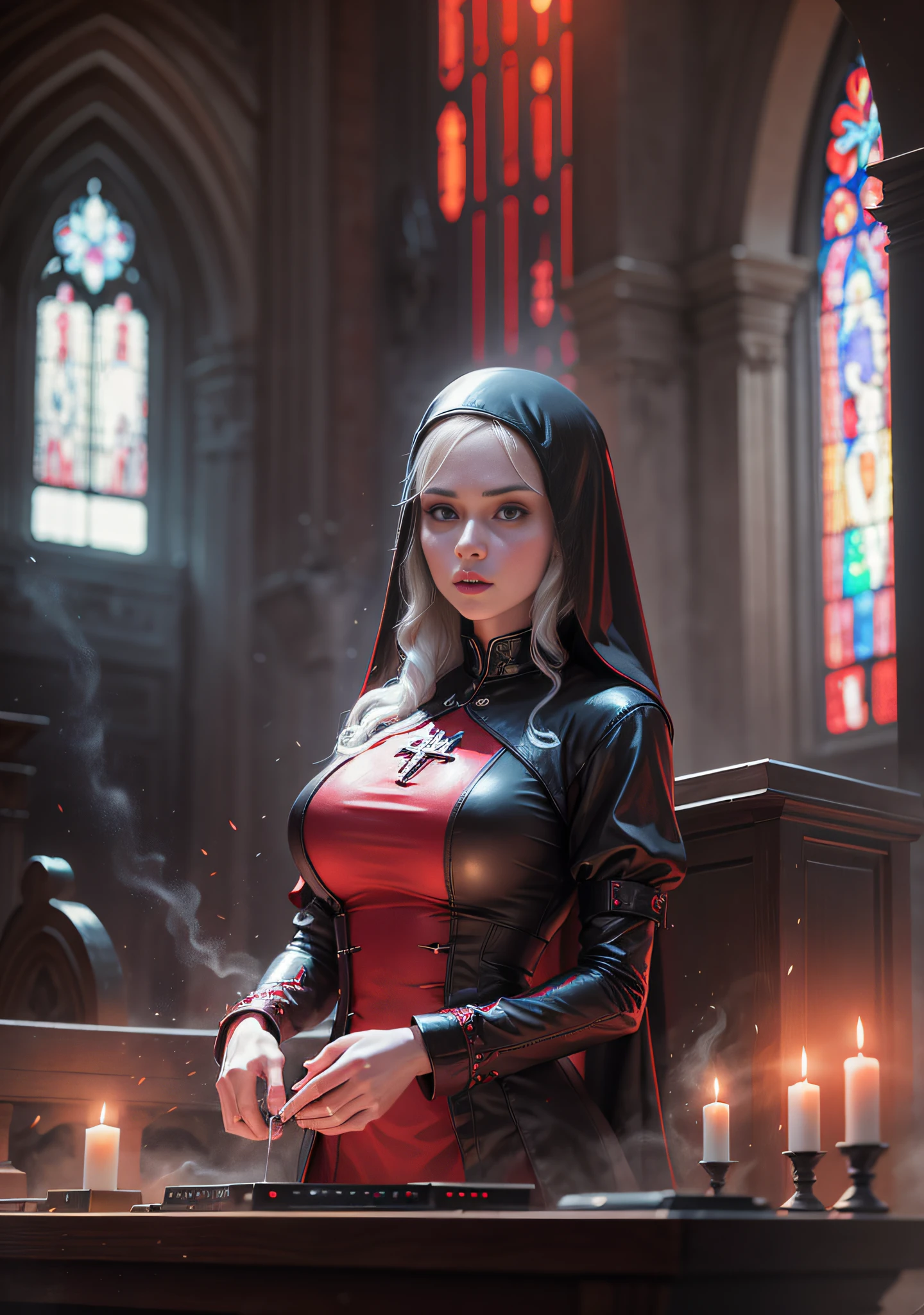 woman dj nun in a church, red rain, vampires dance behind her, dark, horror, red tones, gothic church in the background, ultra realistic, horror movie lighting, scary, chaos, neon lights in the background, realistic, dark, huge breast, Fujifilm Fujichrome Provia 100F movie, flashlight, ultra realistic, 8K UHD. --auto --s2