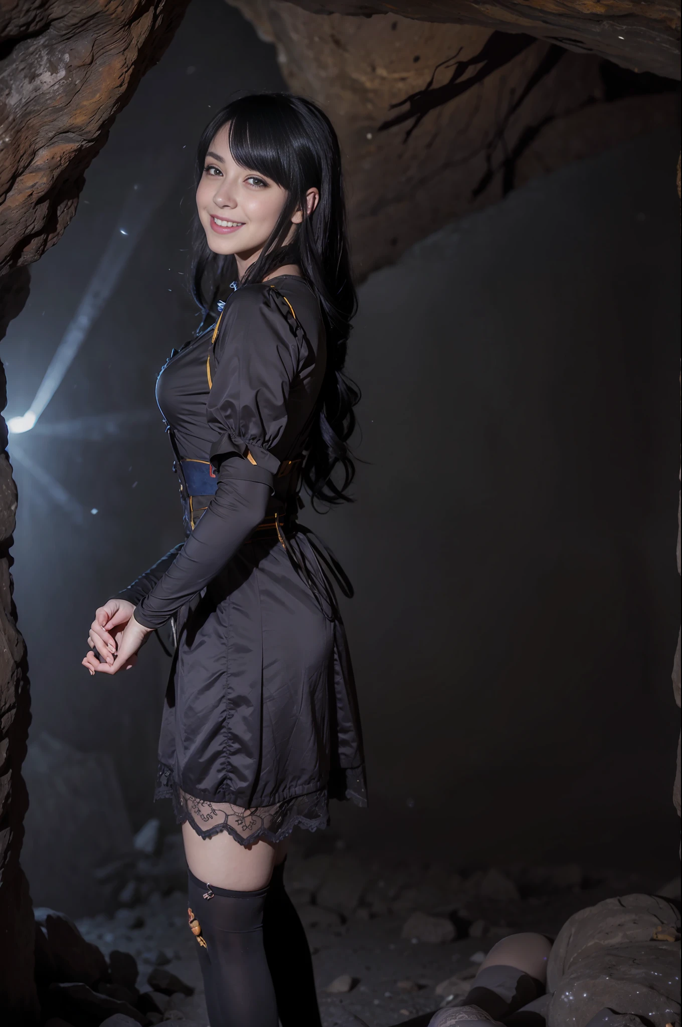 Short dress, lace stockings Lolita sensual yellow and day, in a cave in an environment of ((night photography)) Lauren Jauregui, smiling and happy in a