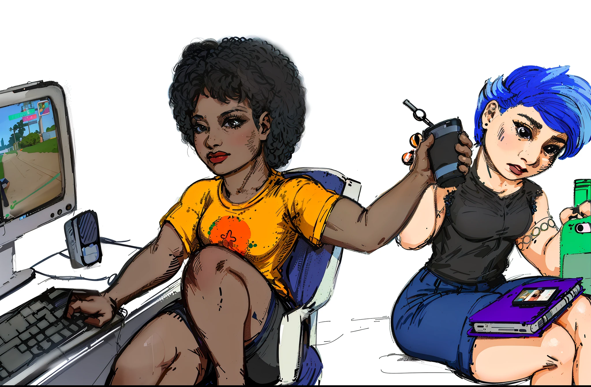 there are two women sitting in front of a computer and a cell phone, sitting down, digitally colored, drawn with photoshop, took on ipad, coloured in blueberra and orange, sf 5 ink style, colored screentone, sf5 ink style, nerdy black girl super hero, heavy gesture style closeup, fanart, digitally painted, afro, colored illustration