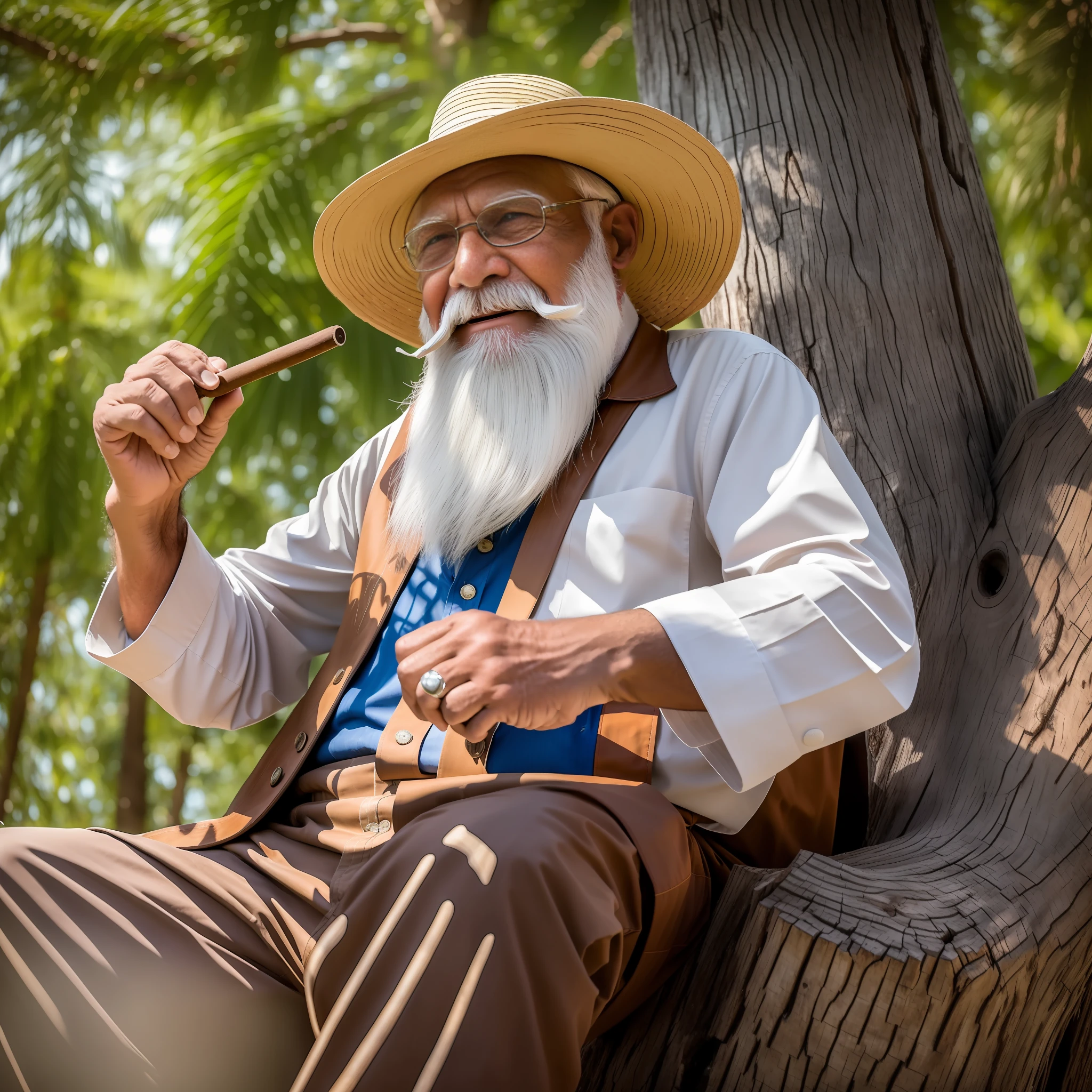 An old man with a white beard. White hair .straw hat. And cigar in the mouth sitting on tree trunk, vibrant colors shimmering atmosphere