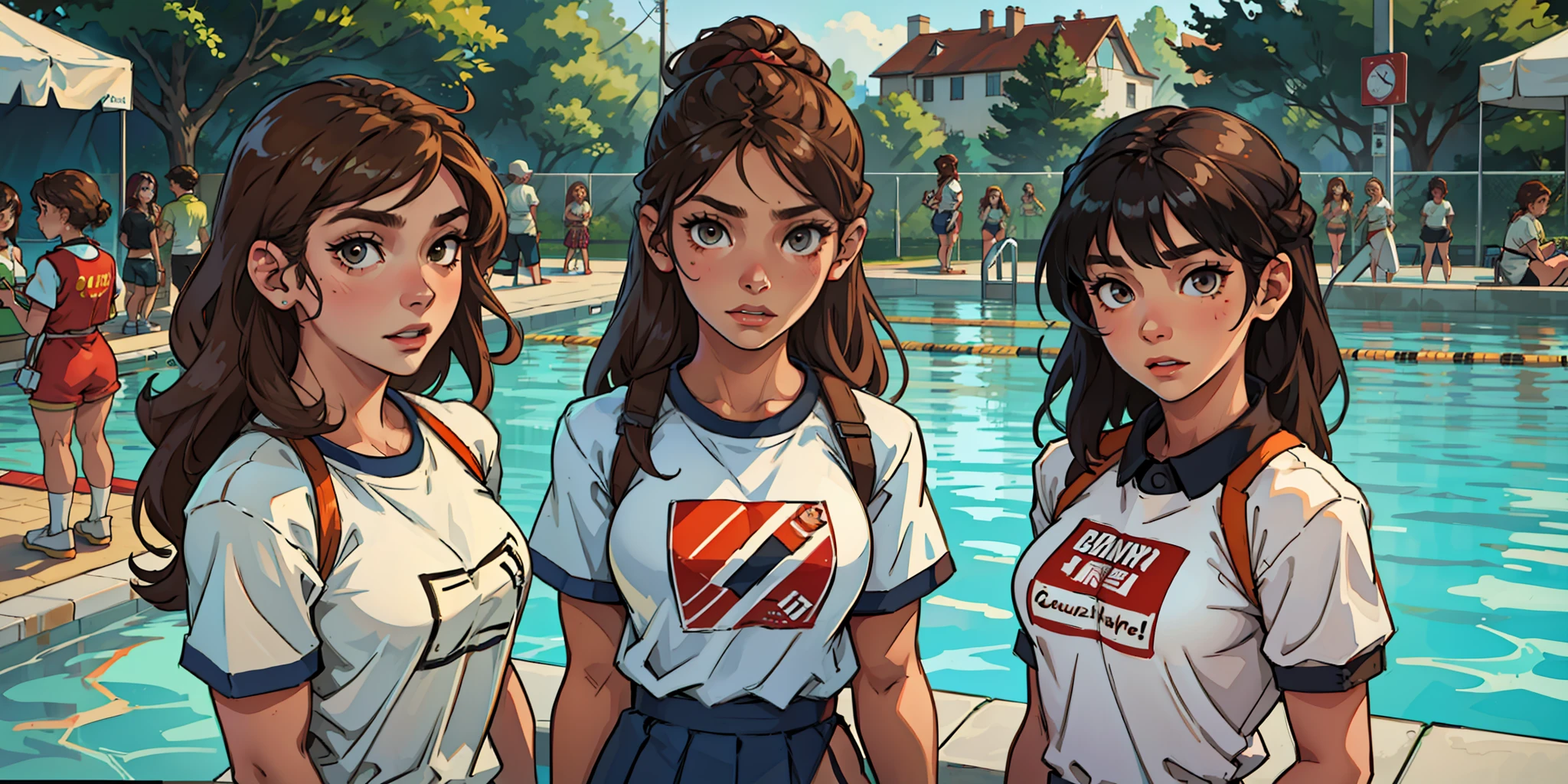 {{Teenage female, caucasian, hundreds of girls, thousands of girls, multiple girls, many girls, only girls, crowd shot, sisters, identical sisters, clones}}, looking at viewer, hazel eyes, extremely detailed, brown hair, {{matching outfits, lifeguard uniforms}}, pool, pool party, crowd of girls, girls partying, happy, best quality, high quality, extremely detailed anime screencap --auto --s2