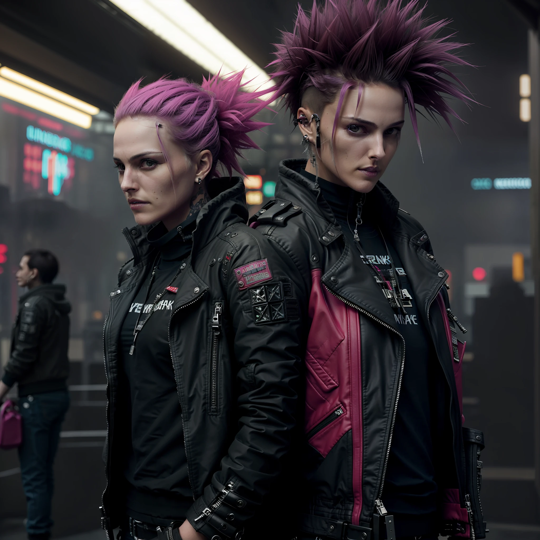 they are two people with punk hair and leather jackets, hyper-realistic cyberpunk style, cyberpunk style , hyperrealistic, cyberpunk fashion, cyberpunk style color, cyberpunk outfits, has cyberpunk style, in cyberpunk style, cyberpunk streetwear, cyberpunk horror style, in cyberpunk city, cyberpunk colors, cyberpunk wearing, cyberpunk look, cyberpunk art ultrarealistic 8k, cyberpunk art style, style of cyberpunk
