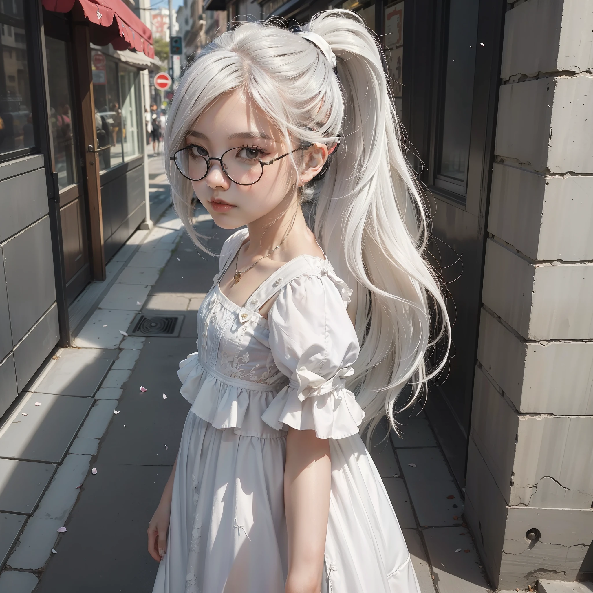 beautiful, (masterpiece:1.2), (best quality:1.2),outdoors, city, street, petals, sunshine, cinematic, drama angle, perfect black eyes, detail black eyes, perfect face, perfect lighting, 1 kid, kid girl, solo, dynamic pose, casual clothes, full body, white hair, glasses, withe dress, very long hair, black eyes, ponytail