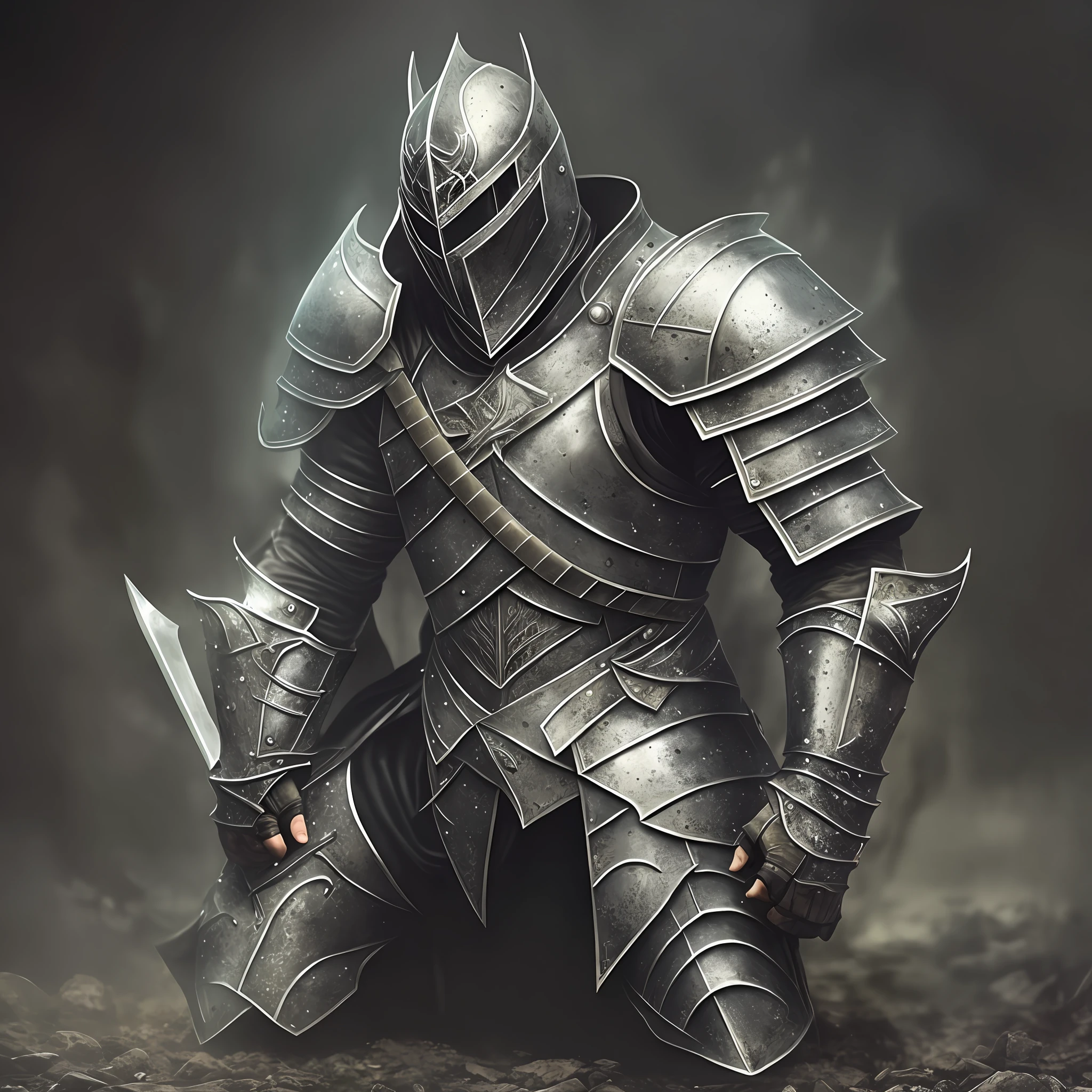 A realistic but dark photo of a Templar knight with helmet, armor and a long sword, kneeling on his knees praying, Dark Souls Knight, Dark Souls Art Style, Armored Knight, The Dark Souls Knight, Dark Souls Inspired, Knight, Fantasy Knight, dressed in light armor, Dark Souls concept art, Light coming out of armor, fully clothed in armor, dressed in battle armor, heavily armored --auto --s2