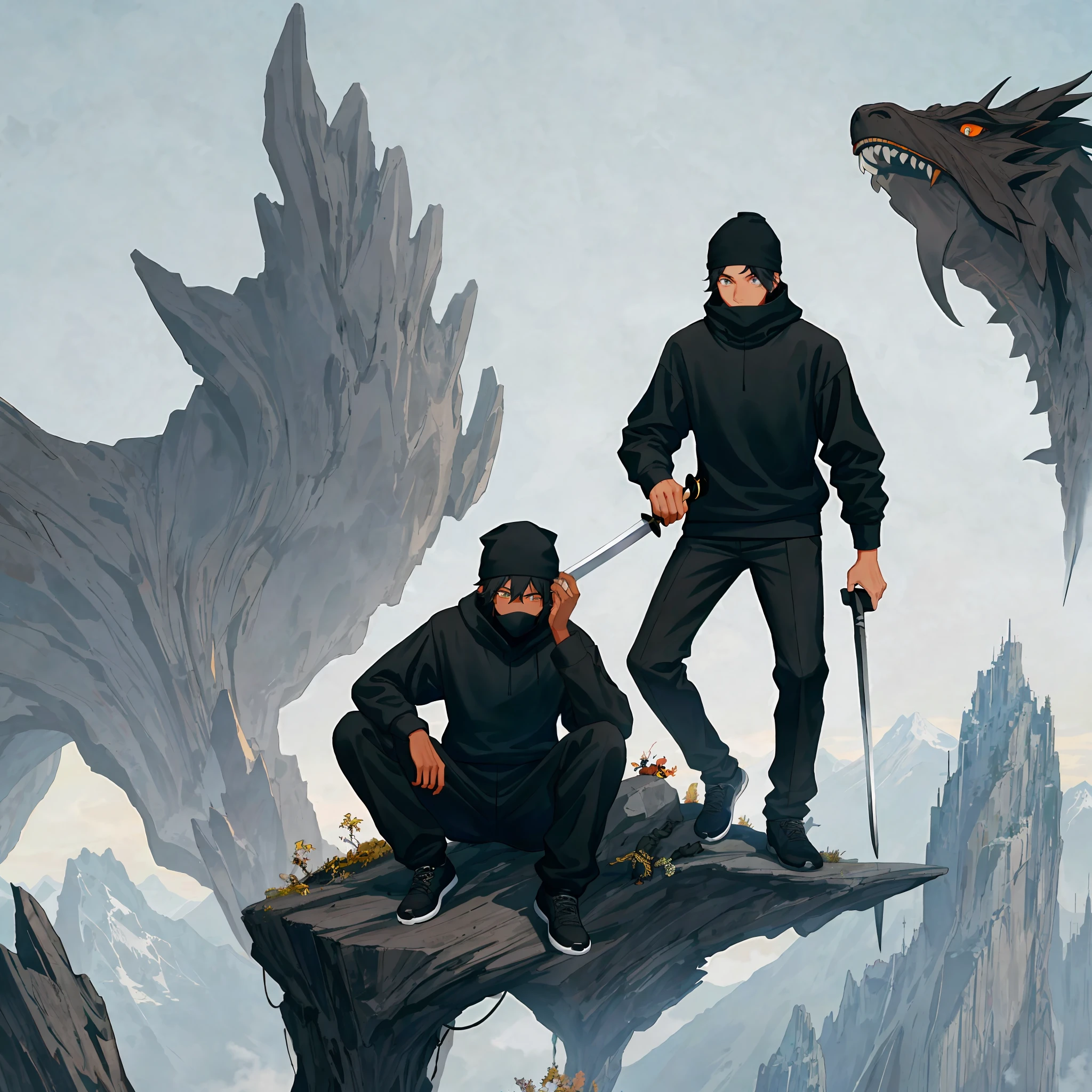 A black boy 1.80 tall with a black cap, black sweatshirt, wearing a black balaclava, black pants, black sneakers, on top of a mountain, with a Chinese dragon flying in the sky, the boy is holding a futuristic sword.