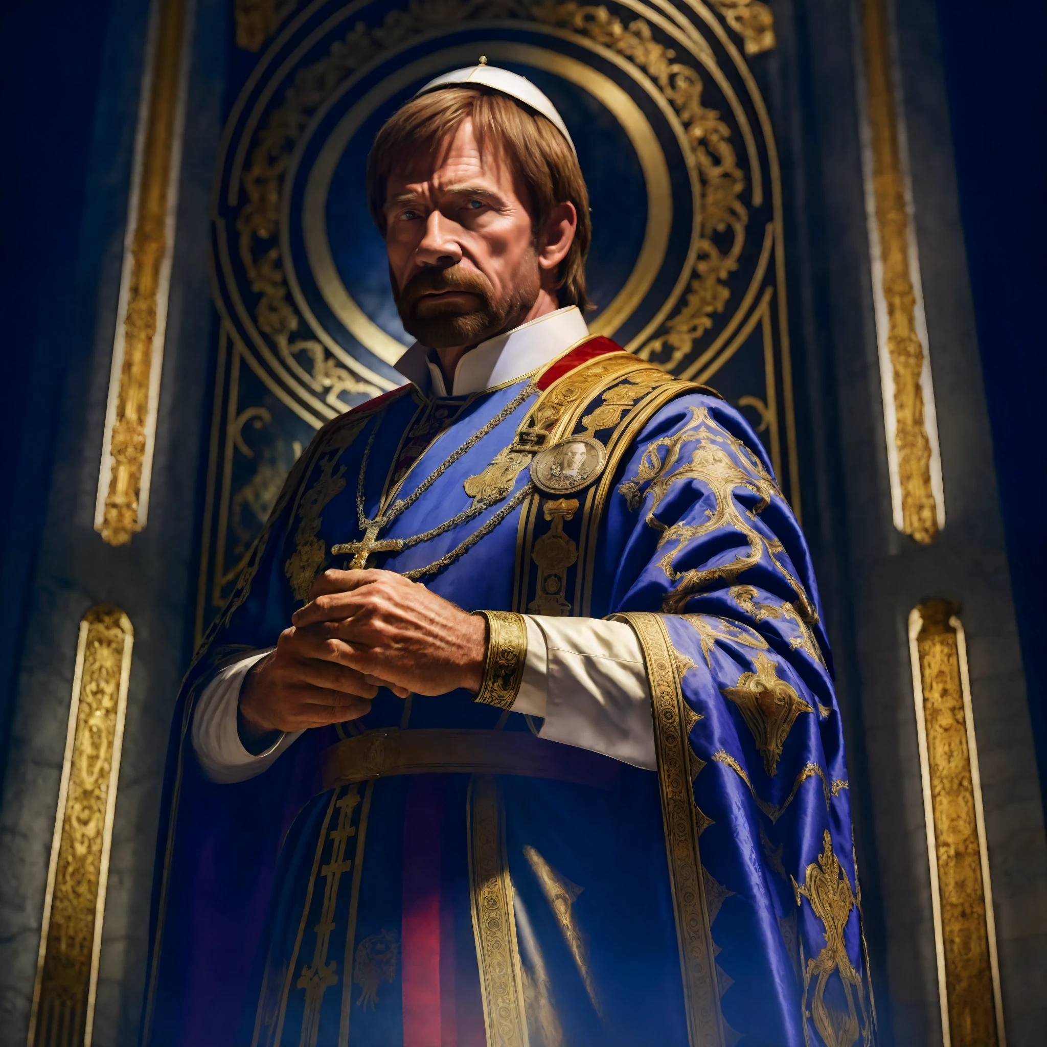 "(masterpiece), high quality, realistic portrait of Chuck Norris dressed as a Pope from Rome, with authoritative pose, confidently holding a religious artifact, stunning details, sharp lighting, vibrant colors, traditional Catholic background, iconic architecture, soft shadows, holy ambiance."