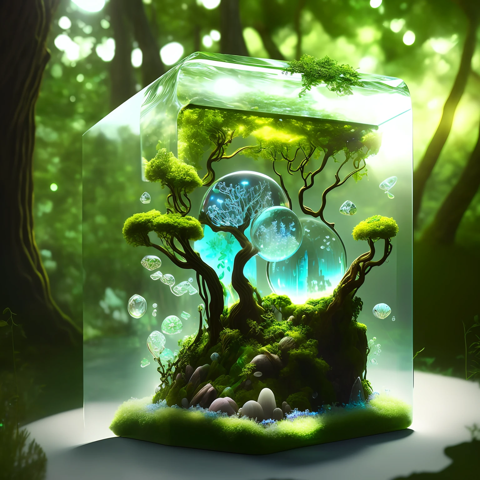 masterpiece of a glass cube with a tree inside, bioluminescence, water, magic, glowing, tree roots, moss, clover, vines, mushrooms, shelf mushrooms, flowers, bubbles, crystals, god rays, high detail, high quality, best quality, rtx, 4k, 8k,