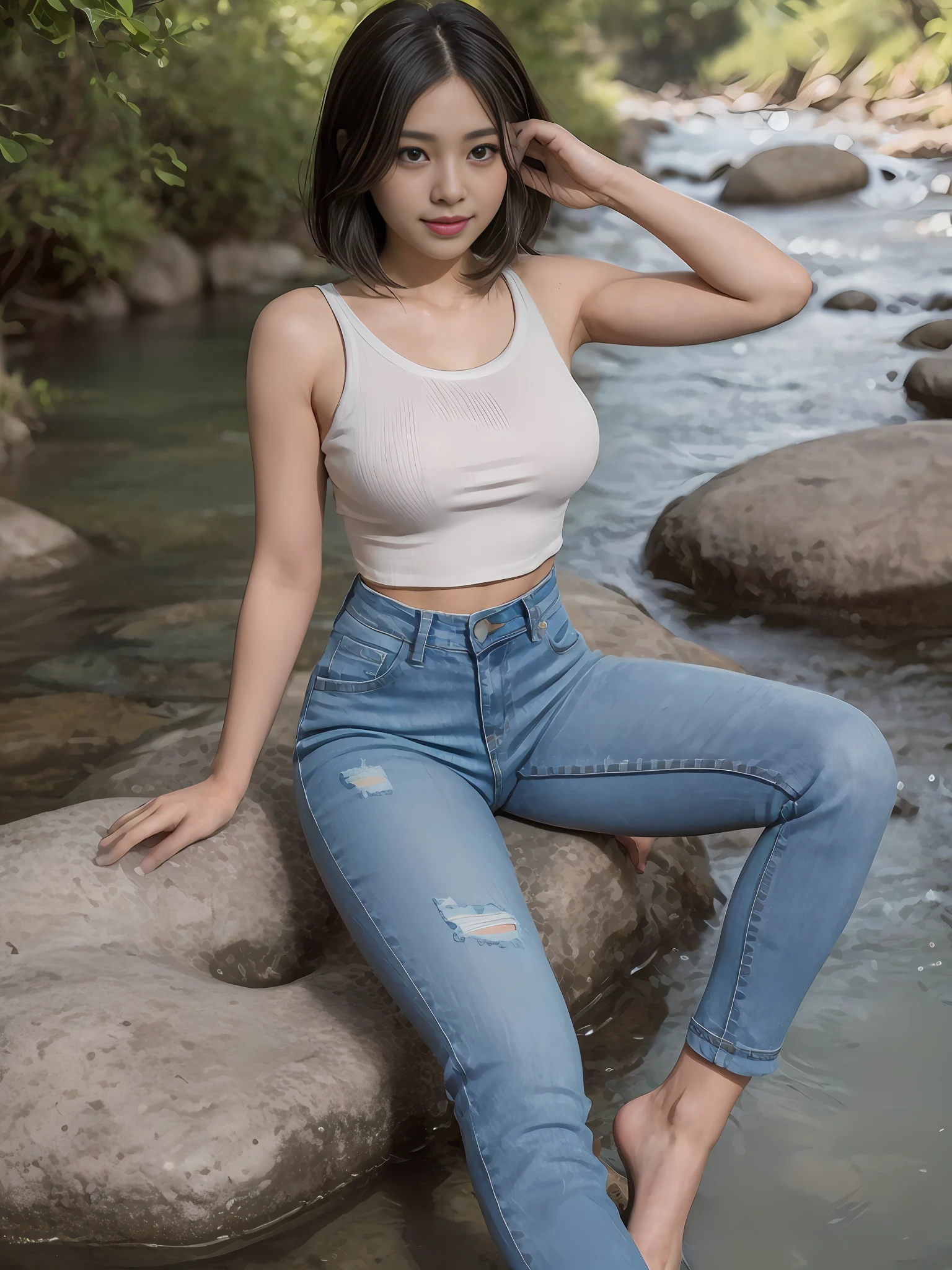 Beautiful Japanese girl by the stream at the foot of the mountain, realistic, photorealistic, 8k HD, masterpiece: 1.5, angle lens, center view, Arad Asian woman in crop top tight long jeans and gray tight knit T-shirt, background: 1.5 (foot of the mountain, by the stream, sitting in the stream), cute schoolgirl with a slim and perfect figure, ( Bo Bo head, stylish medium short straight hair: 1.2, brown-black, fluffy, layering: 1.2, realistic), Japanese 18 year old girl wearing long skinny jeans, Wearing ripped skinny long jeans (low rise crop top, micro-flared, trousers: 1.5), (ripped scares: 0.6), (branded jeans: 1.5, realistic detailed jeans textures and stripes: 1.5, realistic detailed jeans graininess: 1.5), wearing smoked gray skinny knit t-shirts, ((gray), skinny: 1.5, brand: 1.5)), surreal schoolgirl, dressed as schoolgirl, surreal schoolgirl, realistic schoolgirl, schoolgirl posing, full body: 1.5, beautiful skin, glowing skin, beautiful thighs, perfect thighs, perfect calves, white and tender toes, beautiful breasts: 1.5, beautiful breasts: 1.5, beautiful buttocks: 1.5, best quality, white skin, real skin, (detail face), goose egg face, pores, super high resolution, (8k, RAW photo, photorealistic:1.4), 1girl, slim, (smile, show teeth: 1.2, look at the audience with a serene goddess-like look happiness: 1.2), ( fashionable mid-point, fluffy short straight hair: 1.2, lip gloss, eyelashes, glossy face, best quality, super high resolution, wide lighting, natural shadows), fair pink toes: 1.5, stiletto strap sandals: 1.5, shoot full body (1.5) --auto --s2