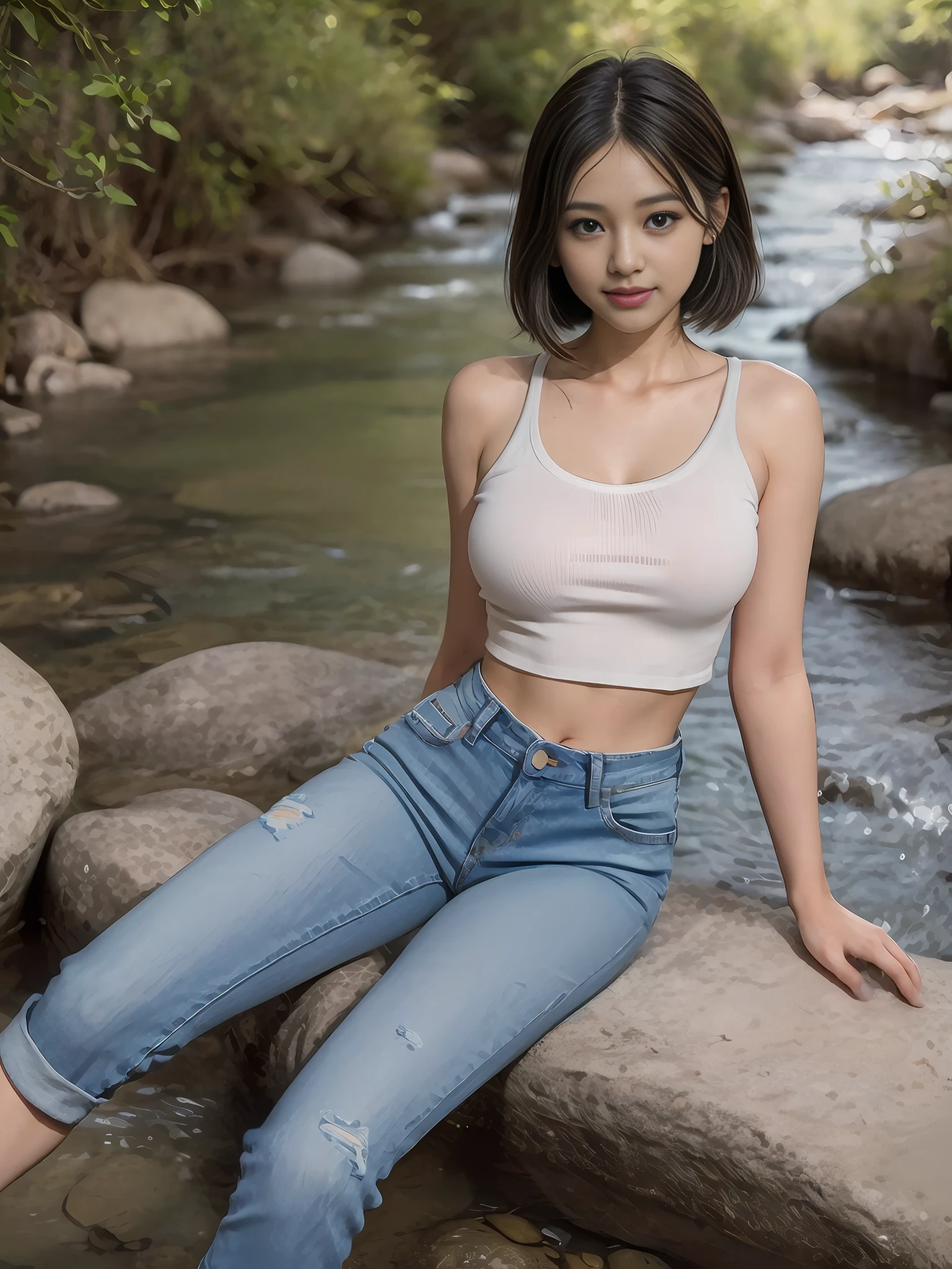 Beautiful Japanese girl by the stream at the foot of the mountain, realistic, photorealistic, 8k HD, masterpiece: 1.5, angle lens, center view, Arad Asian woman in crop top tight long jeans and gray tight knit T-shirt, background: 1.5 (foot of the mountain, by the stream, sitting in the stream), cute schoolgirl with a slim and perfect figure, ( Bo Bo head, stylish medium short straight hair: 1.2, brown-black, fluffy, layering: 1.2, realistic), Japanese 18 year old girl wearing long skinny jeans, Wearing ripped skinny long jeans (low rise crop top, micro-flared, trousers: 1.5), (ripped scares: 0.6), (branded jeans: 1.5, realistic detailed jeans textures and stripes: 1.5, realistic detailed jeans graininess: 1.5), wearing smoked gray skinny knit t-shirts, ((gray), skinny: 1.5, brand: 1.5)), surreal schoolgirl, dressed as schoolgirl, surreal schoolgirl, realistic schoolgirl, schoolgirl posing, full body: 1.5, beautiful skin, glowing skin, beautiful thighs, perfect thighs, perfect calves, white and tender toes, beautiful breasts: 1.5, beautiful breasts: 1.5, beautiful buttocks: 1.5, best quality, white skin, real skin, (detail face), goose egg face, pores, super high resolution, (8k, RAW photo, photorealistic:1.4), 1girl, slim, (smile, show teeth: 1.2, look at the audience with a serene goddess-like look happiness: 1.2), ( fashionable mid-point, fluffy short straight hair: 1.2, lip gloss, eyelashes, glossy face, best quality, super high resolution, wide lighting, natural shadows), fair pink toes: 1.5, stiletto strap sandals: 1.5, shoot full body (1.5) --auto --s2