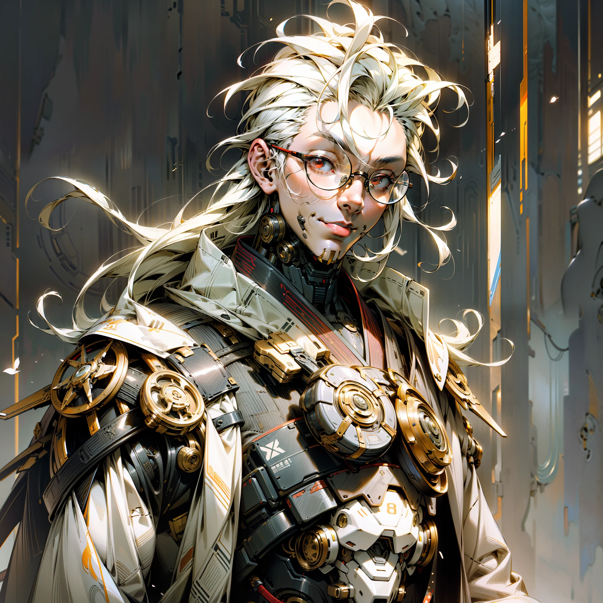 masterpiece, best qualified, high quality, (futuristic: 1Man), anime, 1man, samurai, beautiful red eyes (white samurai cyberpunk costume), movie lighting, (exquisite futuristic), gorgeous and beautiful, super detailed, great composition, floating, depth of field, (very detailed CG, 8k unit wallpaper), (beautifully detailed background), beautiful hair details, dramatic lighting, small white hair shaved on the sides with bangs. His face has glasses, sarcastic smile with tongue out and he is looking at the camera with (god pose), (where his arms are open), looking confident and outrageous, does not present any anatomical errors and has perfect hands, following human anatomy, from the torso up. He has a small scar on his eyebrow