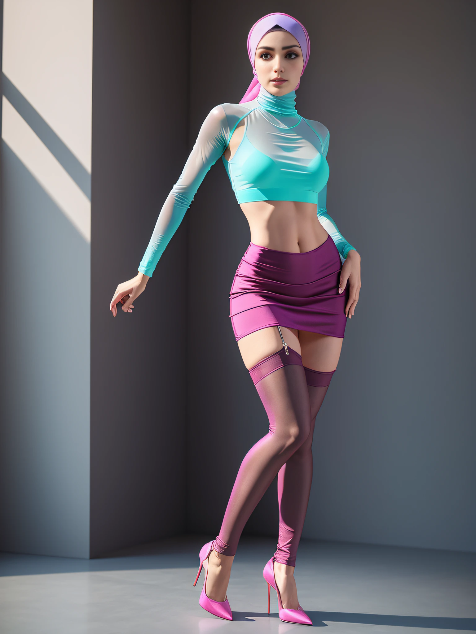 (long full body shot) ultra realistic (solo Arabic woman) ((slim fit sheer hijab) (turtleneck) cleavage neckline (mini skirt)), (full body), (ultrarealistic skin), (large breasts), (belly piercing)1.1, (high stockings), straps, (stiletto pumps), (standing legs parted)1.1, (vivid color, pastel color)1.4, (sheer silk cotton transparent fabric)1.3, muscular calf legs, full body, photorealistic, natural light, sharp focus,[pink|red|green|blue|purple|yellow|orange|maroon|cyan|mauve:0.10], solo