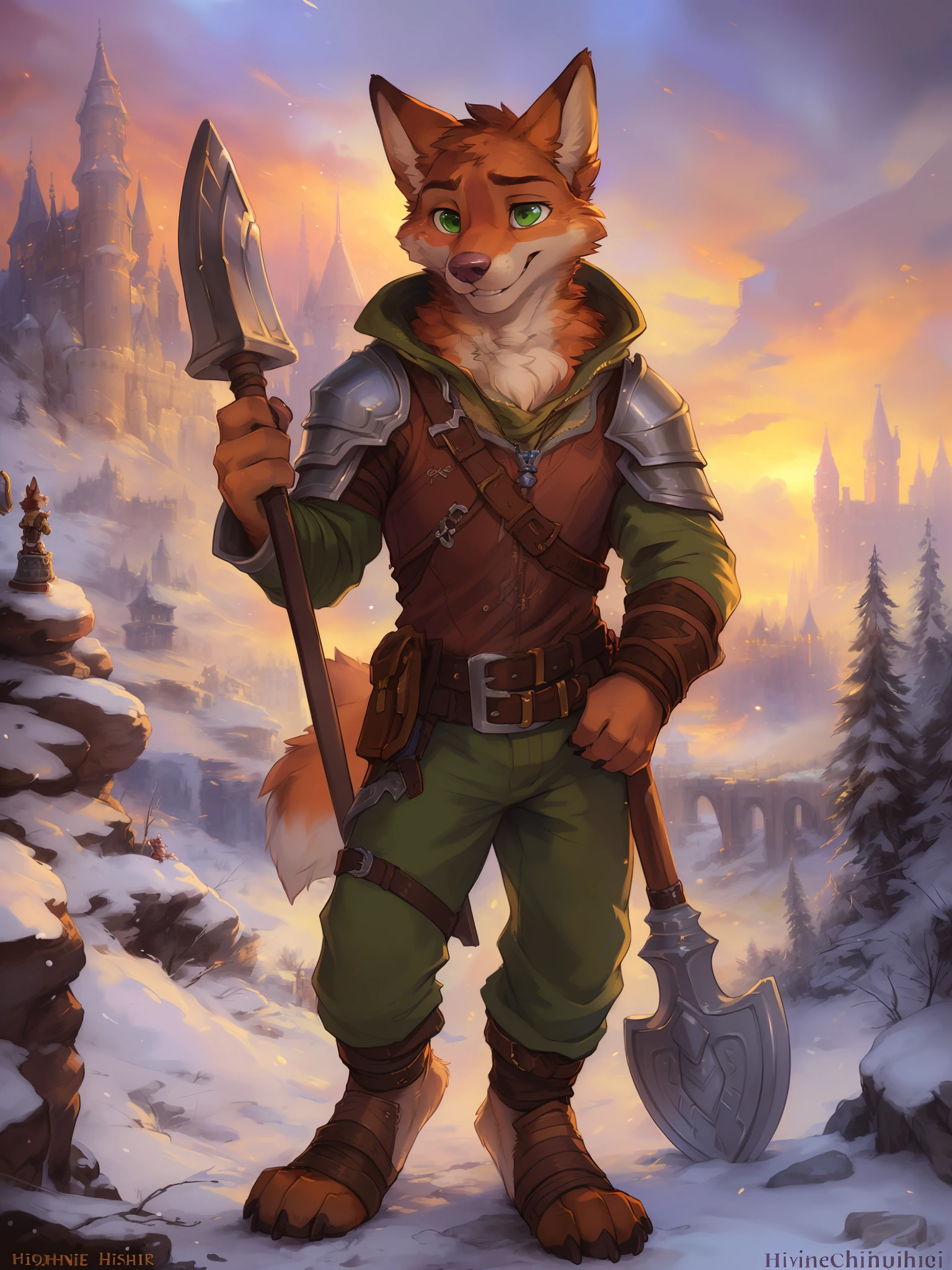 (by hioshiru and kenket and dimwitdog, Michael & Zaush, Inessa Garmash, Ruan Jia, Pino Daeni, Chunie), Nick Wilde as a paladin with the hammer, young adult, green eyes, (muscular:0.7), solo, alone, winter castle on the background