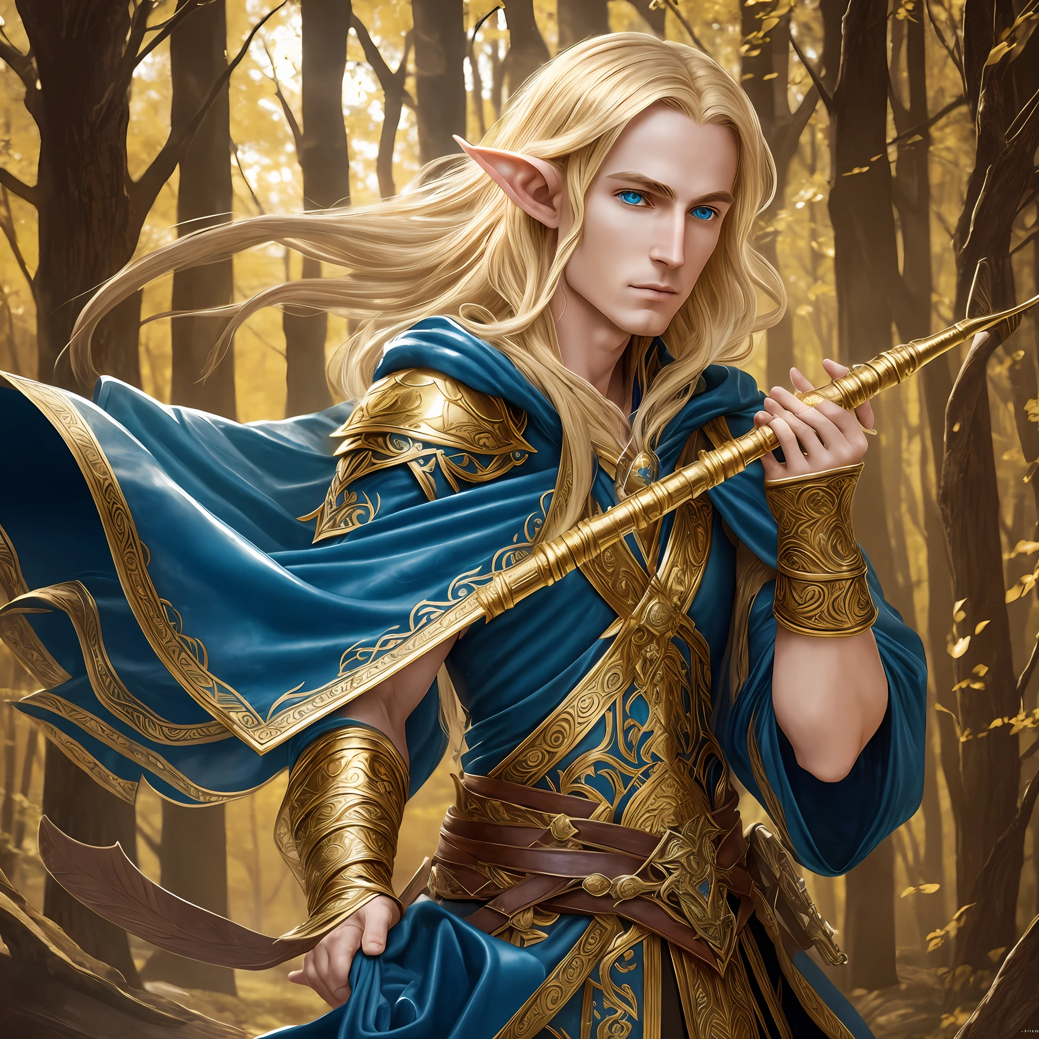 An elven bard, with golden hair and deep blue eyes, a leather armor covers his body, a robe without hood daggers at the waist and a beautiful flute --auto --s2