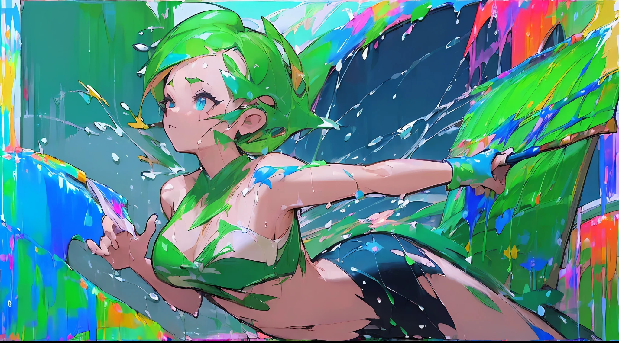 Create an image of Tinker Bell, the Disney character, in the l position (level difference: 1.8), (Paint colliding and splashing on the screen:2.0) miaobishenghua painting, a closeup of a beautiful cartoon woman with toned and sexy derrière, in dynamic pose, with tight gym-appropriate outfits emphasizing curves, smooth skin and confident expression. (detailed, high quality:2), (bloom:1.7), derrière shapely, commission, Lola fanart, insanely inflated hips, Cammy, stronger pose, curving, illuminated from behind "watercolor:2.5, watercolor (watercolor (hight \\\\)":0.6 --s3 --auto