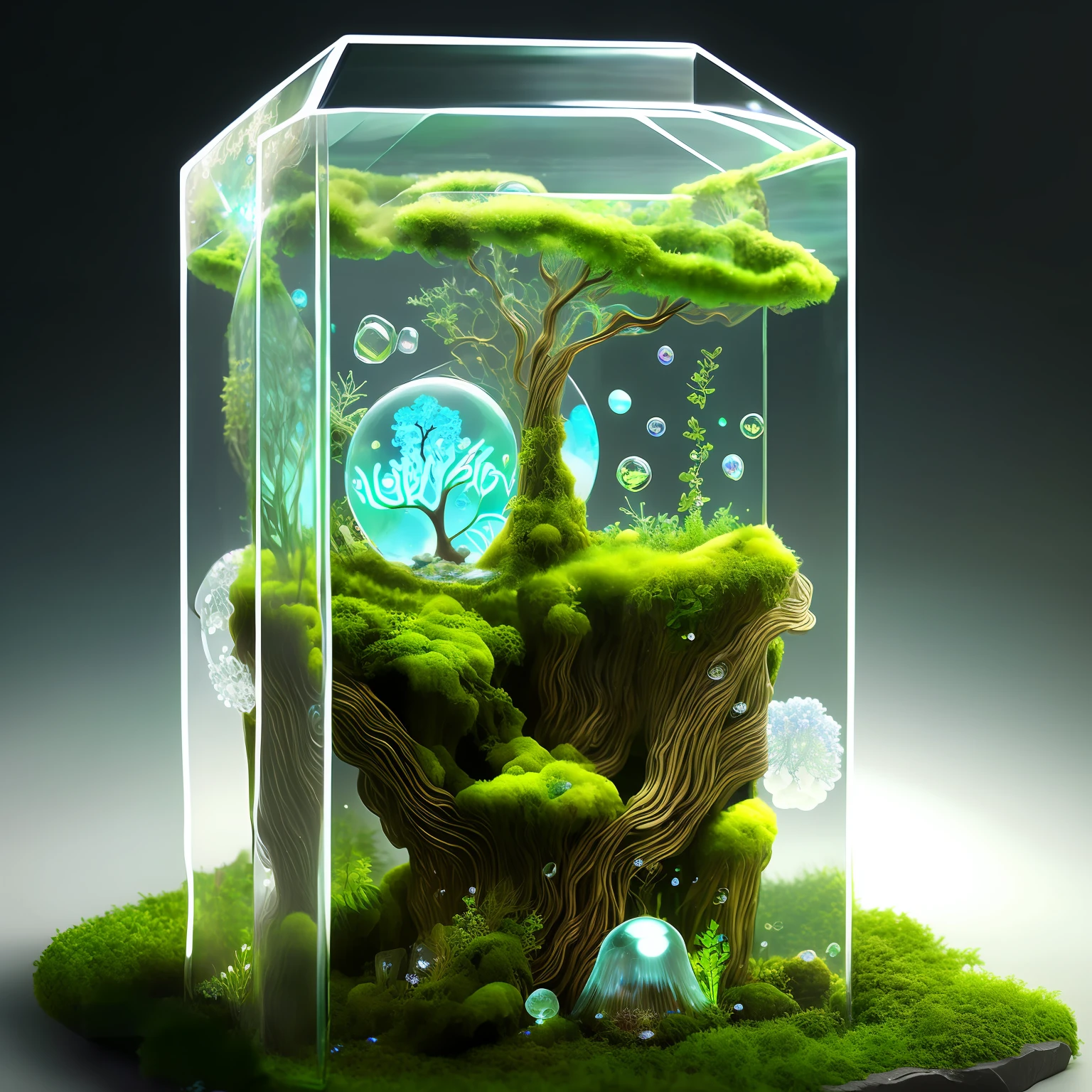 masterpiece of a glass cube with a tree inside, bioluminescence, water, magic, glowing, tree roots, moss, clover, vines, mushrooms, shelf mushrooms, flowers, bubbles, crystals, god rays, high detail, high quality, best quality, rtx, 4k, 8k,