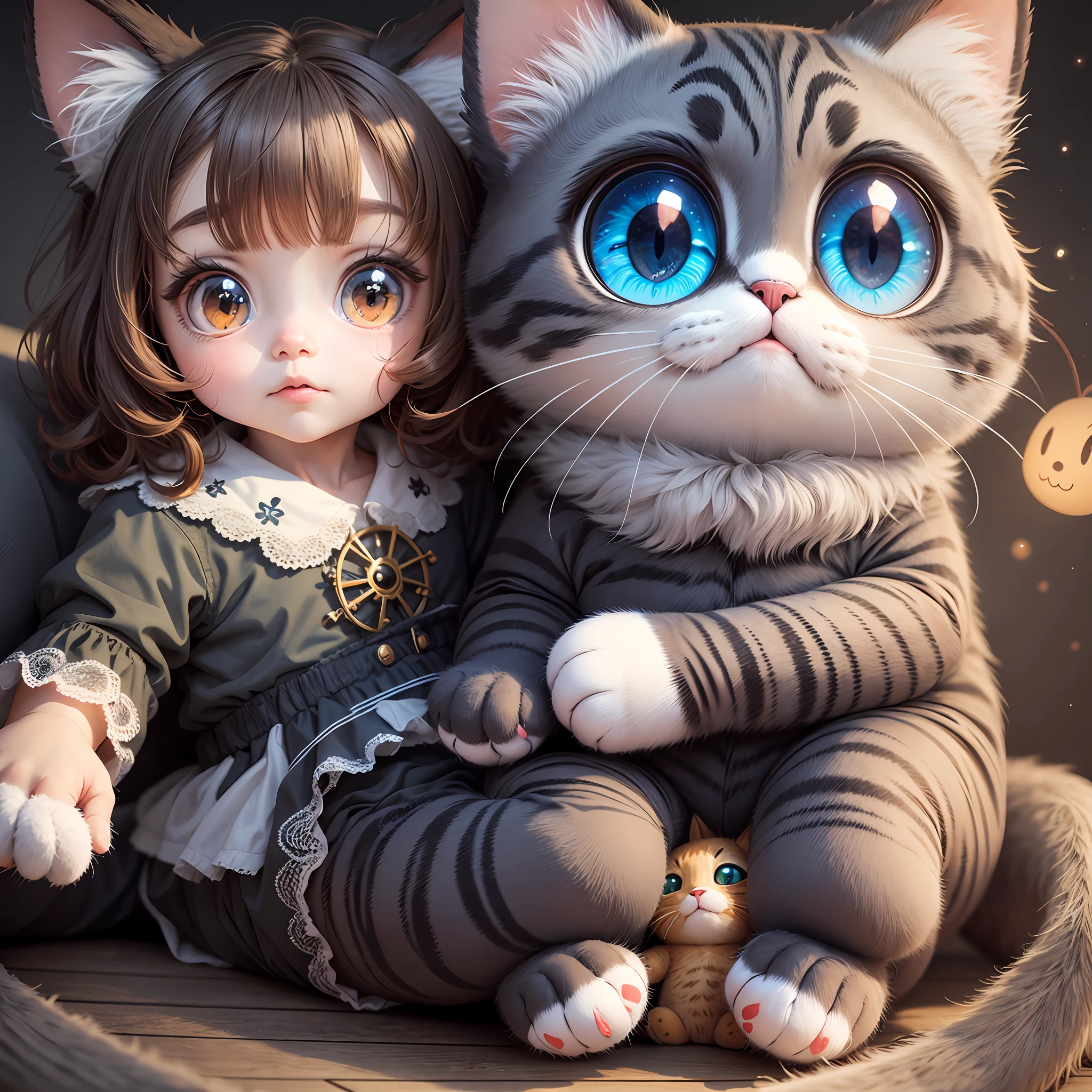 Cute plush toy, cat, big eyes, unusual color, bright glowing eyes, fluffy, in the hands of a child --auto --s2