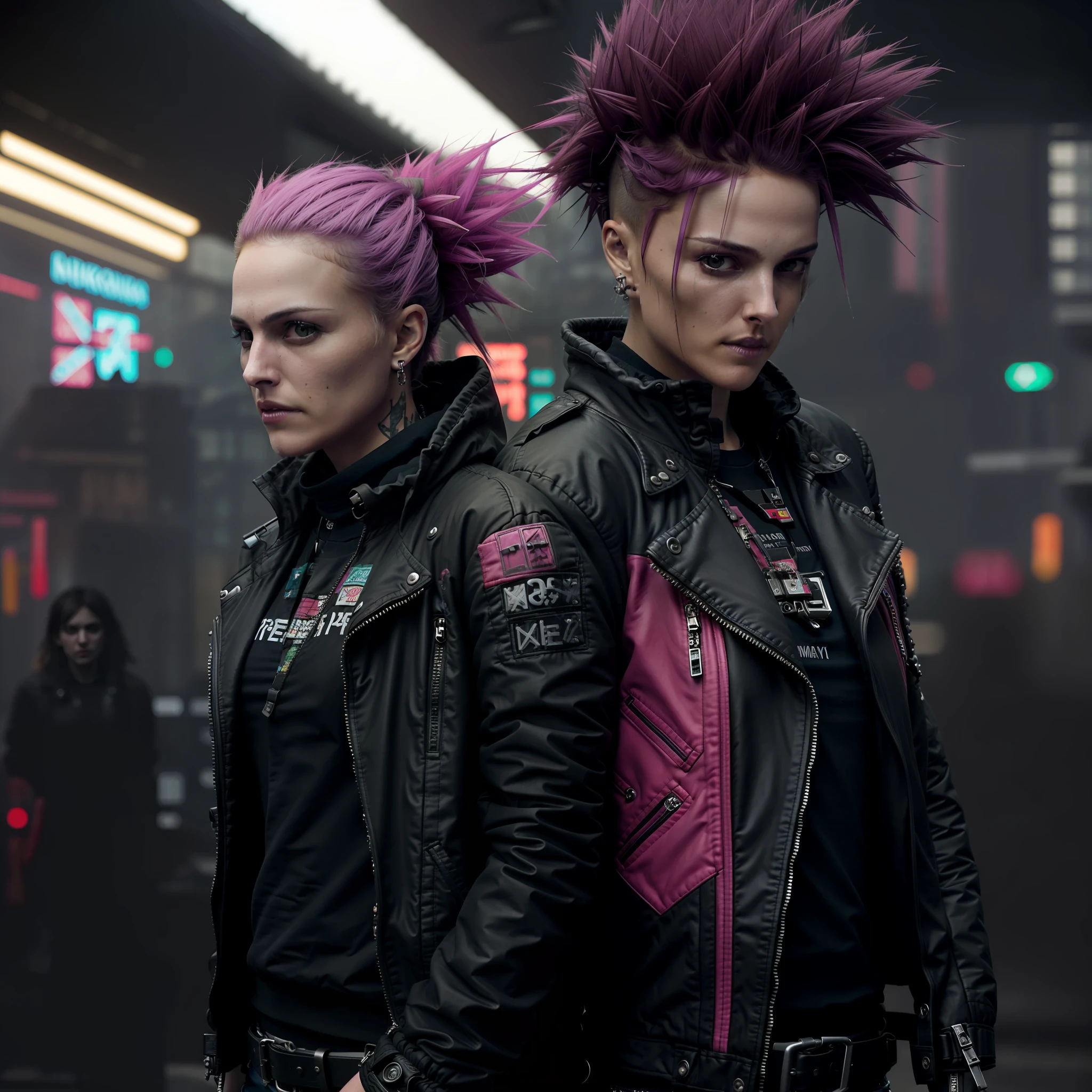 they are two people with punk hair and leather jackets, hyper-realistic cyberpunk style, cyberpunk style , hyperrealistic, cyberpunk fashion, cyberpunk style color, cyberpunk outfits, has cyberpunk style, in cyberpunk style, cyberpunk streetwear, cyberpunk horror style, in cyberpunk city, cyberpunk colors, cyberpunk wearing, cyberpunk look, cyberpunk art ultrarealistic 8k, cyberpunk art style, style of cyberpunk